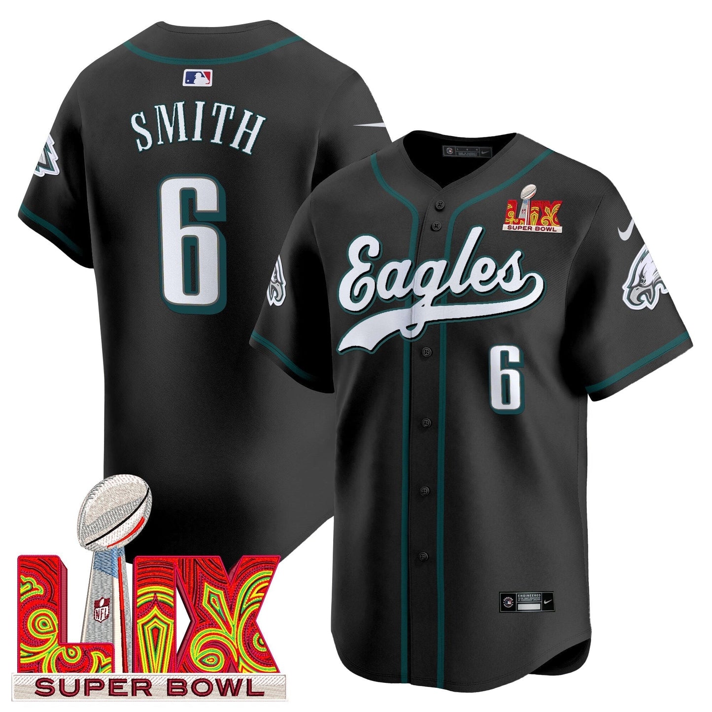 PHI Midnight Green Super Bowl LIX Vapor Baseball Jersey - All Stitched