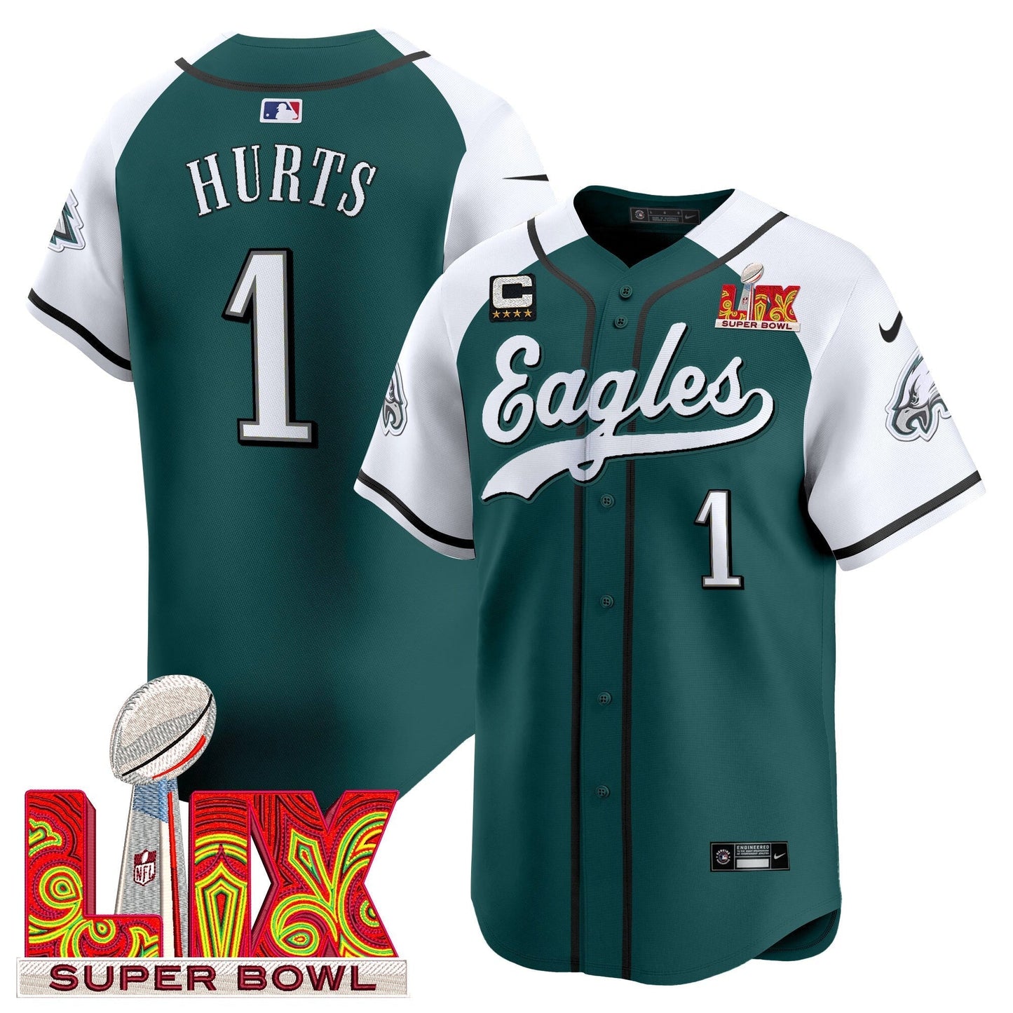 PHI Midnight Green Super Bowl LIX Vapor Baseball Jersey - All Stitched