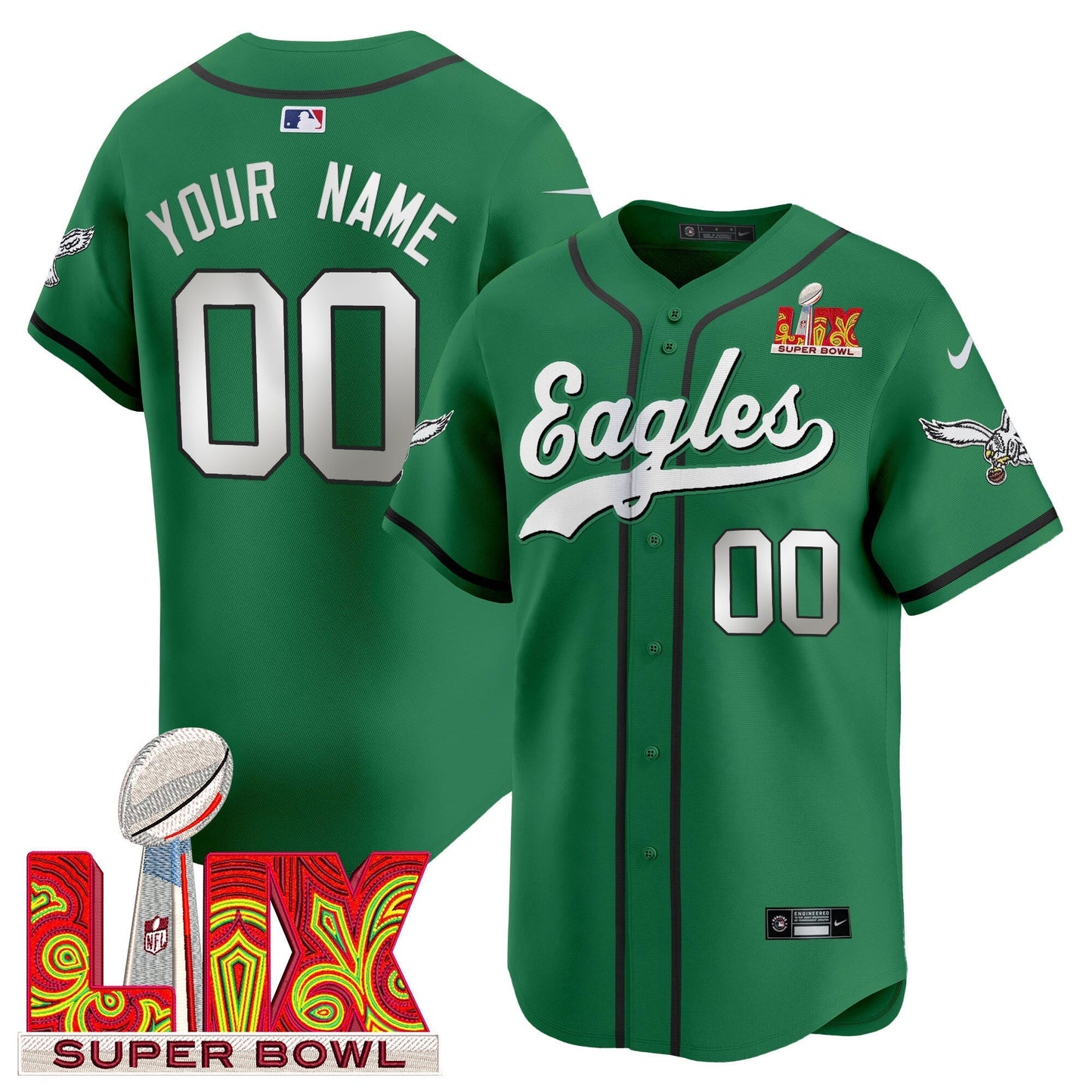 PHI Midnight Green Super Bowl LIX Vapor Baseball Custom Jersey - All Stitched