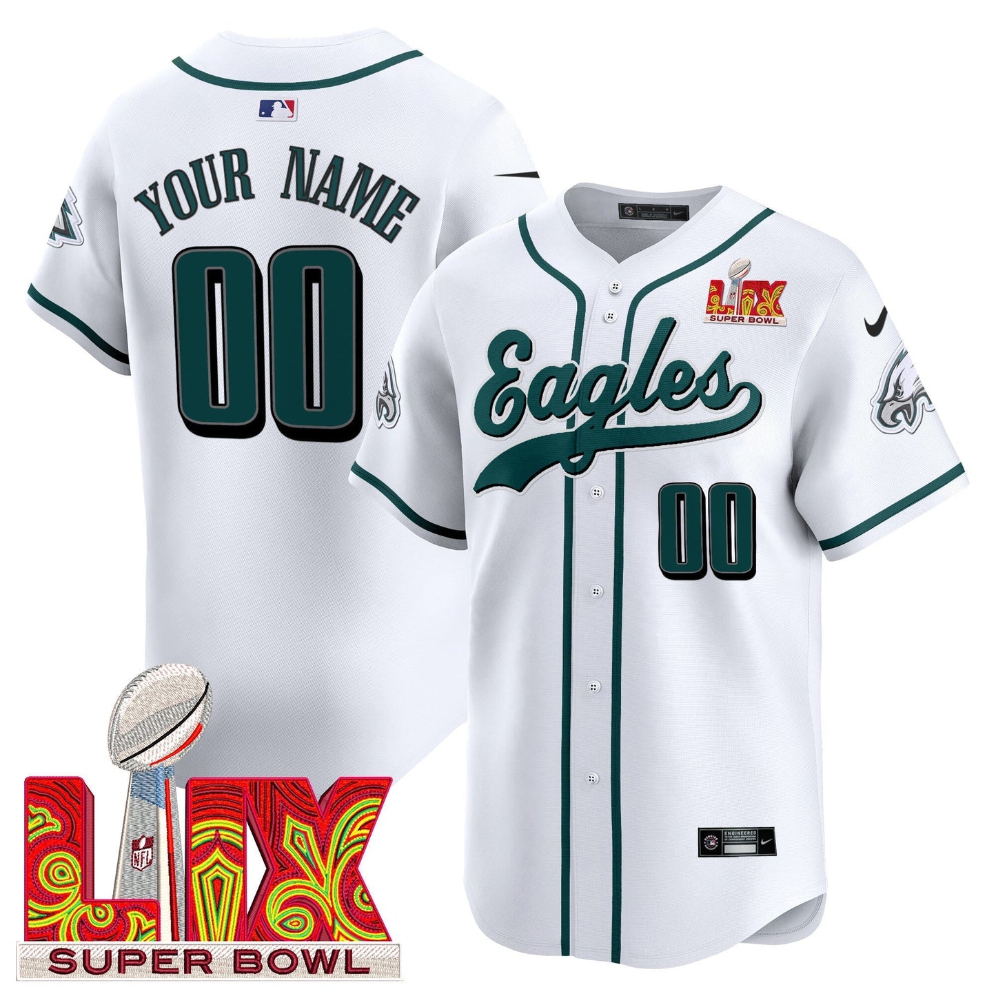 PHI Midnight Green Super Bowl LIX Vapor Baseball Custom Jersey - All Stitched