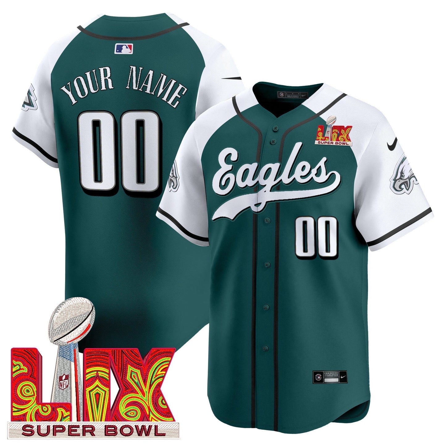 PHI Midnight Green Super Bowl LIX Vapor Baseball Custom Jersey - All Stitched