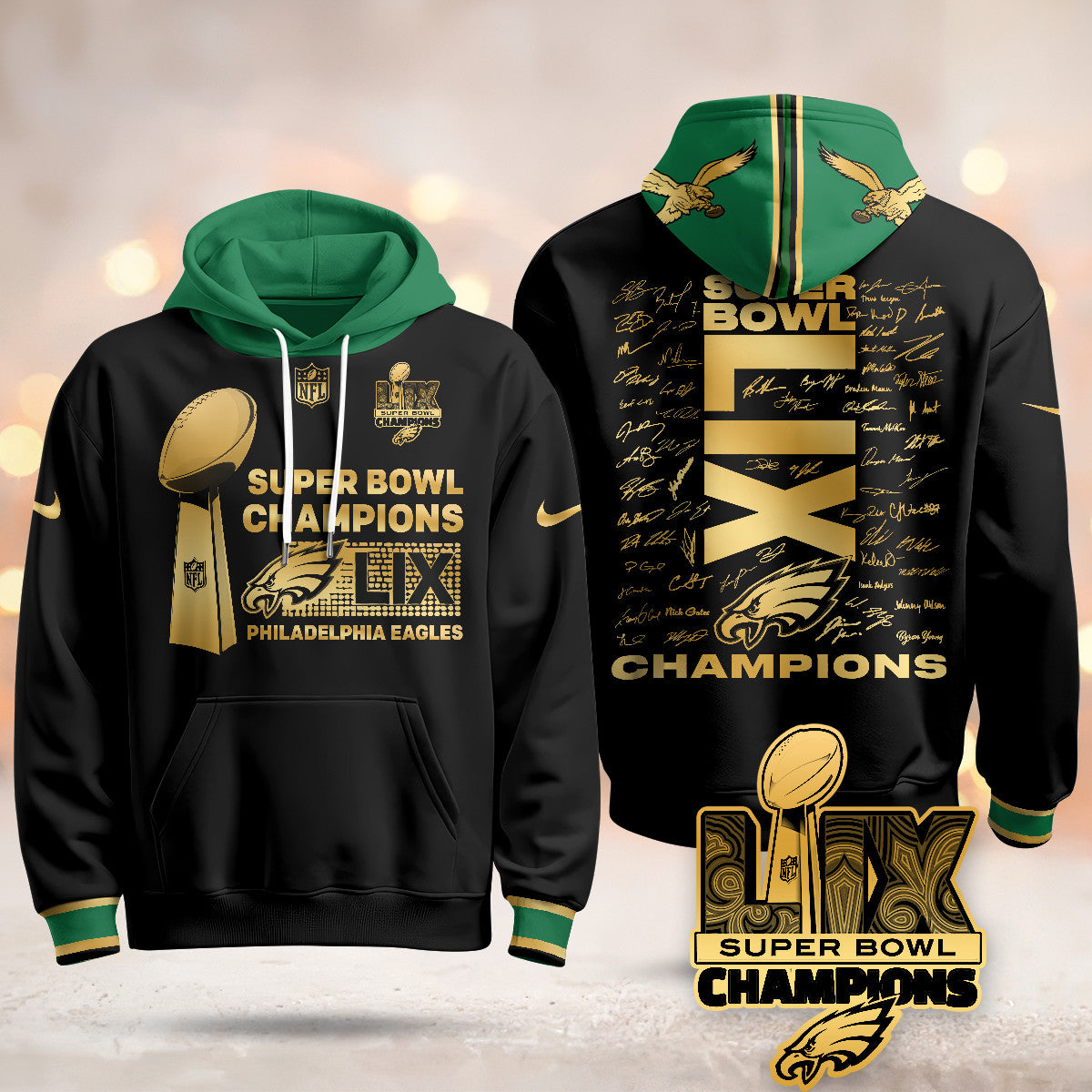 PHI Super Bowl LIX Champions Roster Signing Gold Hoodie