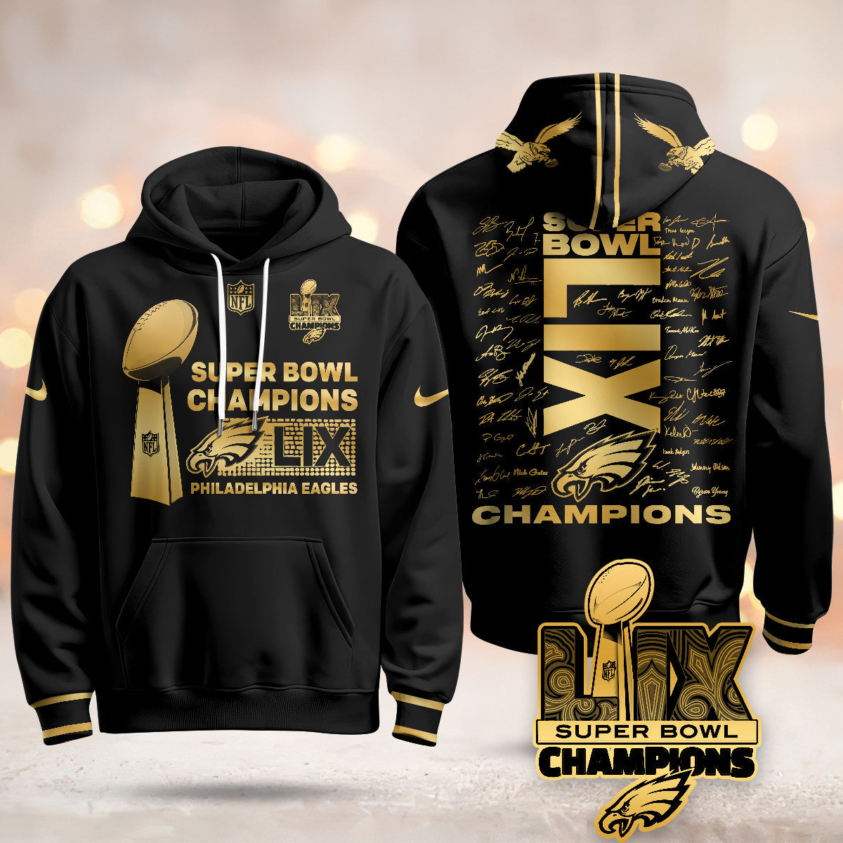 PHI Super Bowl LIX Champions Roster Signing Gold Hoodie