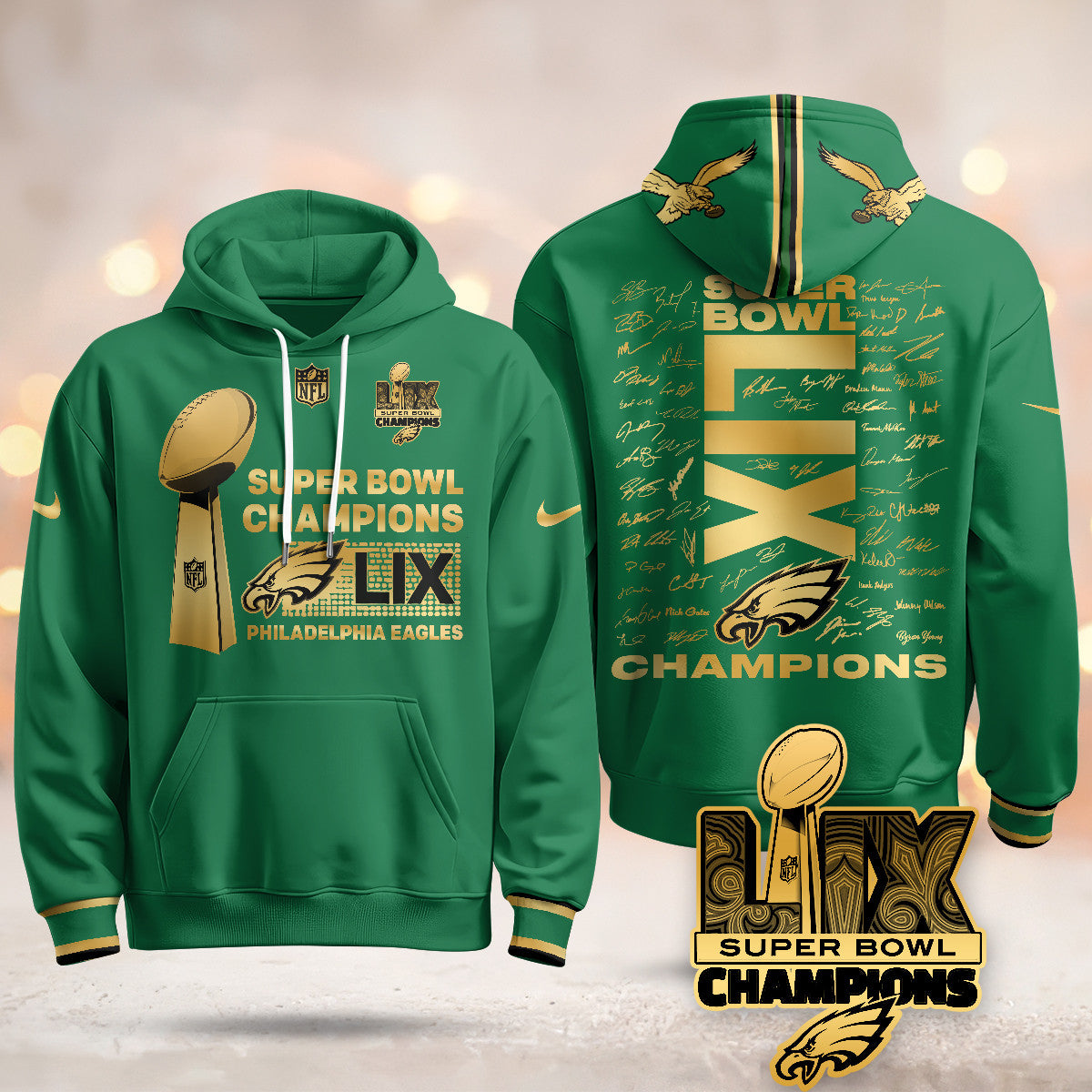 PHI Super Bowl LIX Champions Roster Signing Gold Hoodie
