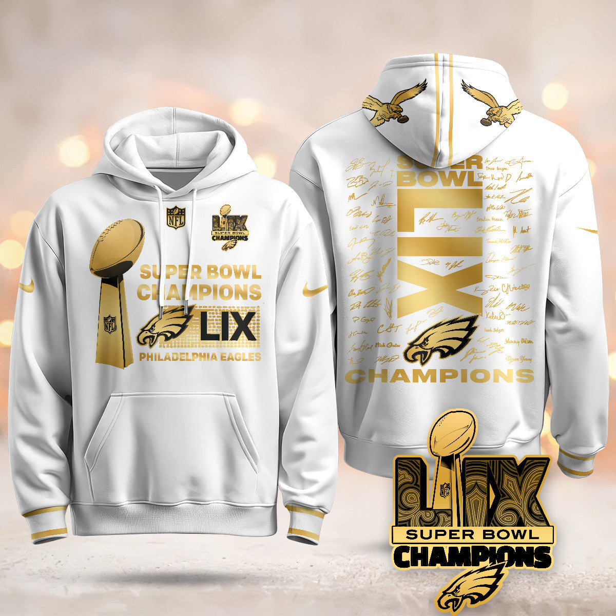 PHI Super Bowl LIX Champions Roster Signing Gold Hoodie