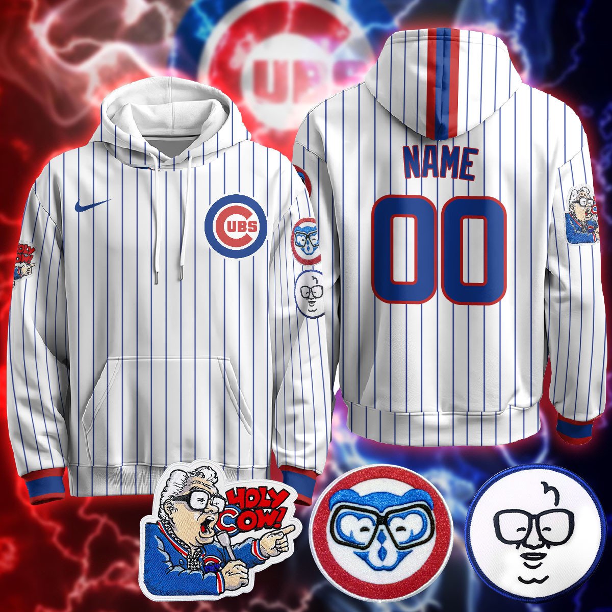 Custom Name Chicago Cubs Limited Hoodie - Harry Caray "Holy Cow" Patch - All Stitched