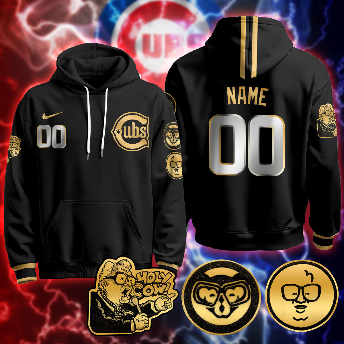 Custom Name Chicago Cubs Limited Hoodie - Harry Caray "Holy Cow" Patch - All Stitched