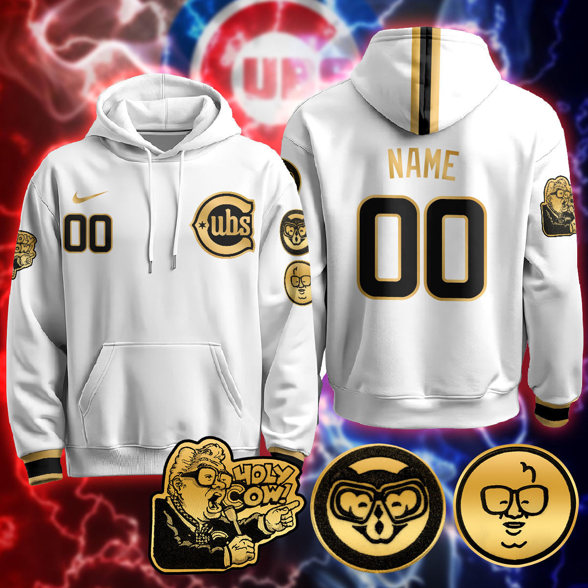 Custom Name Chicago Cubs Limited Hoodie - Harry Caray "Holy Cow" Patch - All Stitched