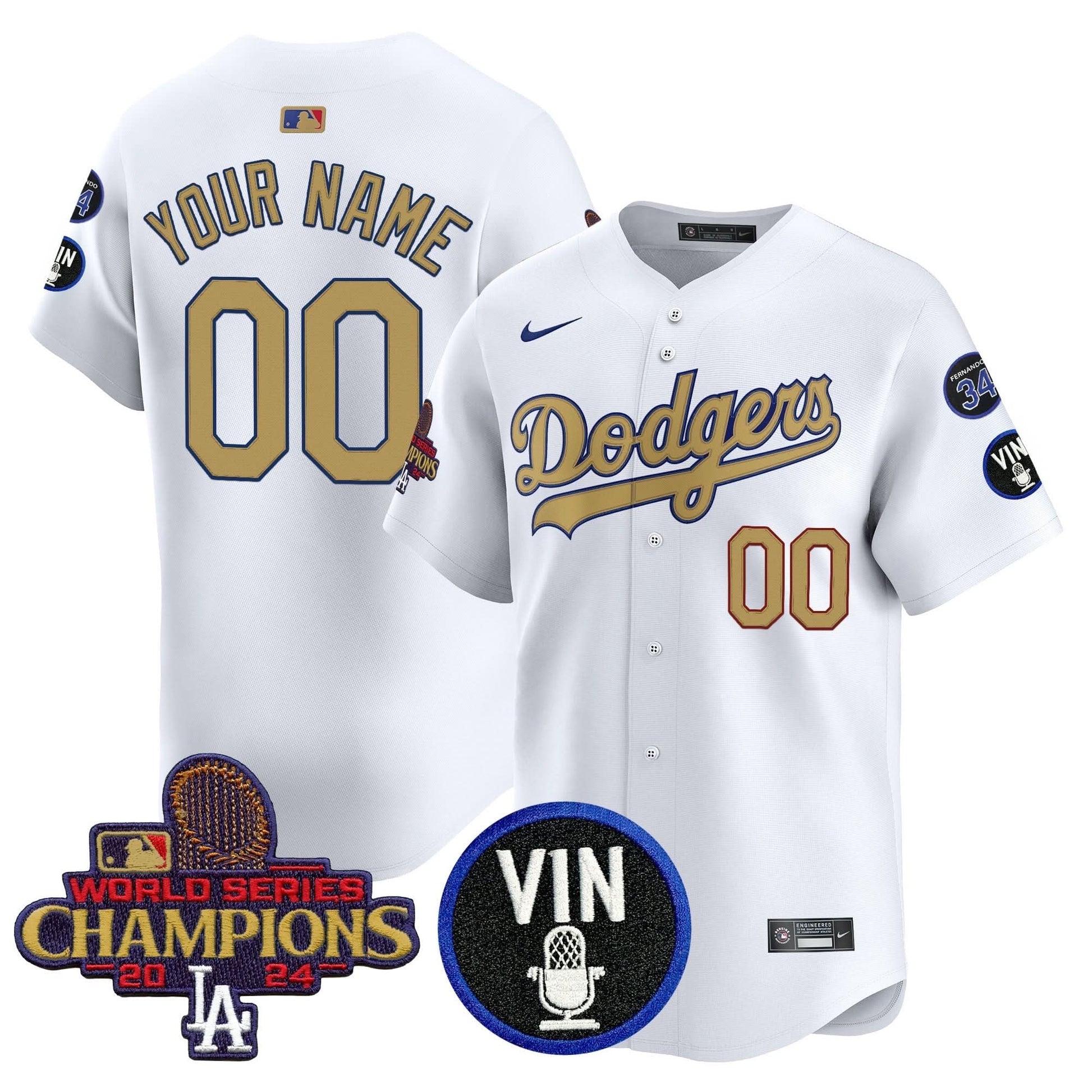 Dodgers 2025 Vin Scully & #34 Fernando Patch Gold Vapor Premier Limited Custom Jersey - All Stitched