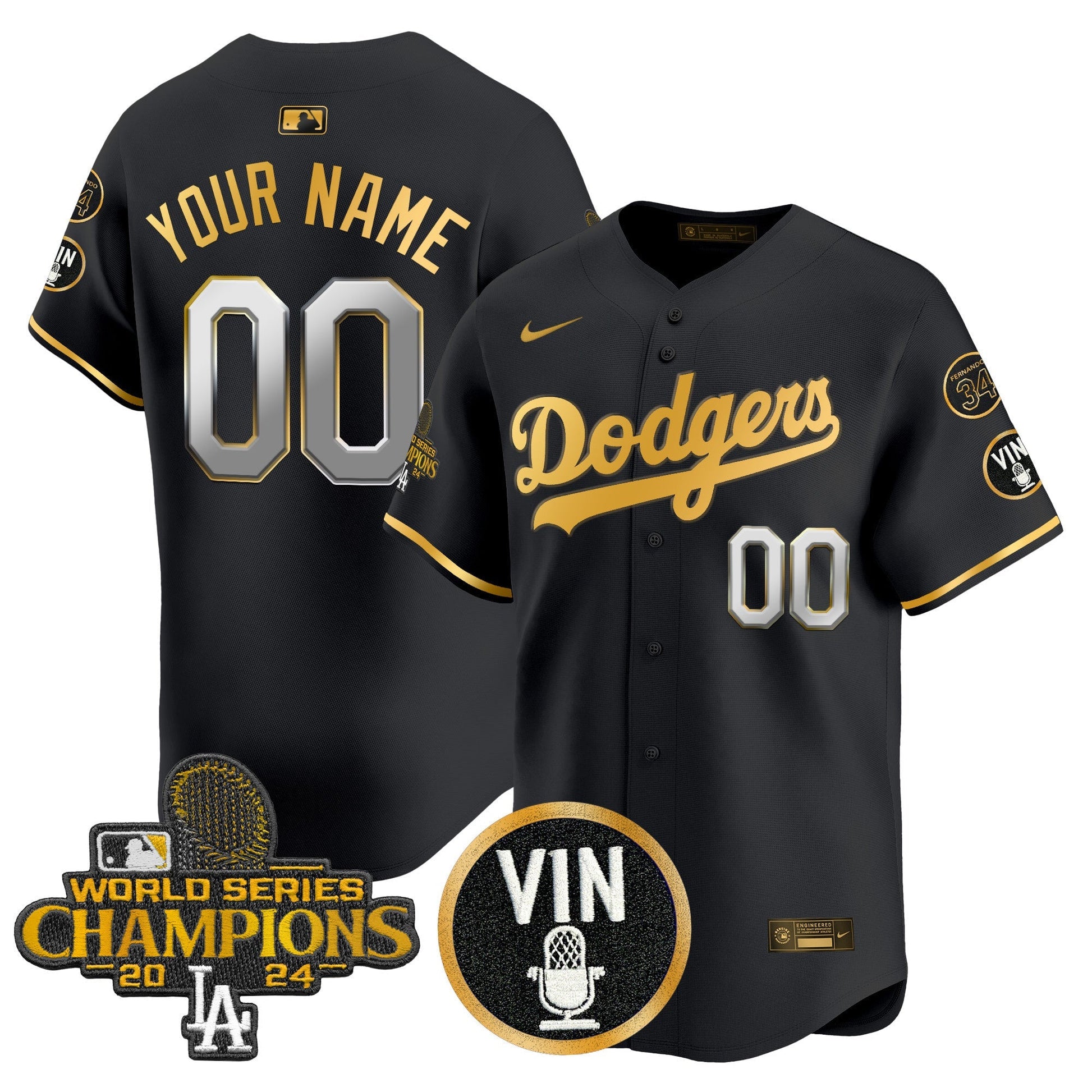 Dodgers 2025 Vin Scully & #34 Fernando Patch Gold Vapor Premier Limited Custom Jersey - All Stitched