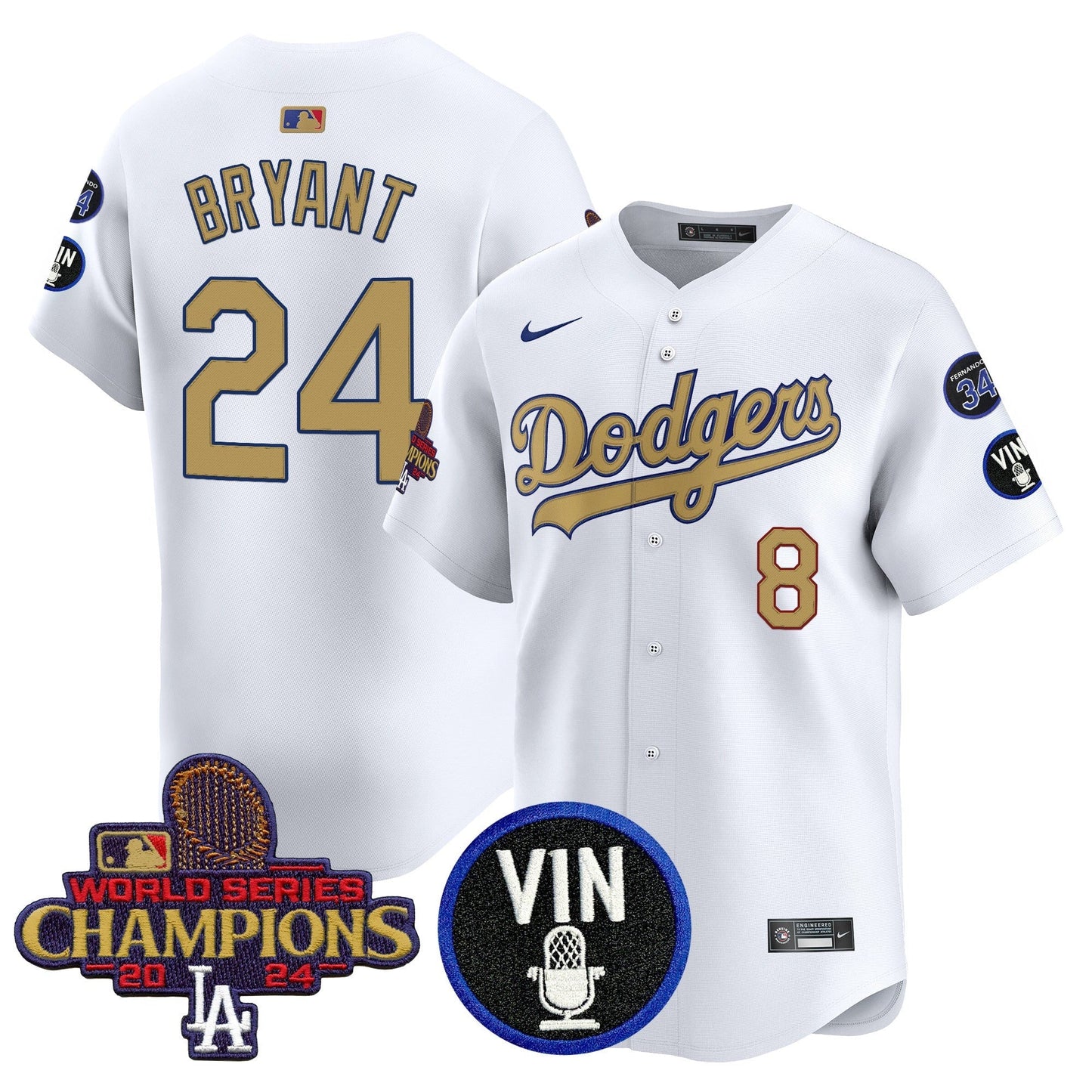 Men's Dodgers 2025 Vin Scully & #34 Fernando Patch Gold Vapor Premier Limited Jersey - All Stitched