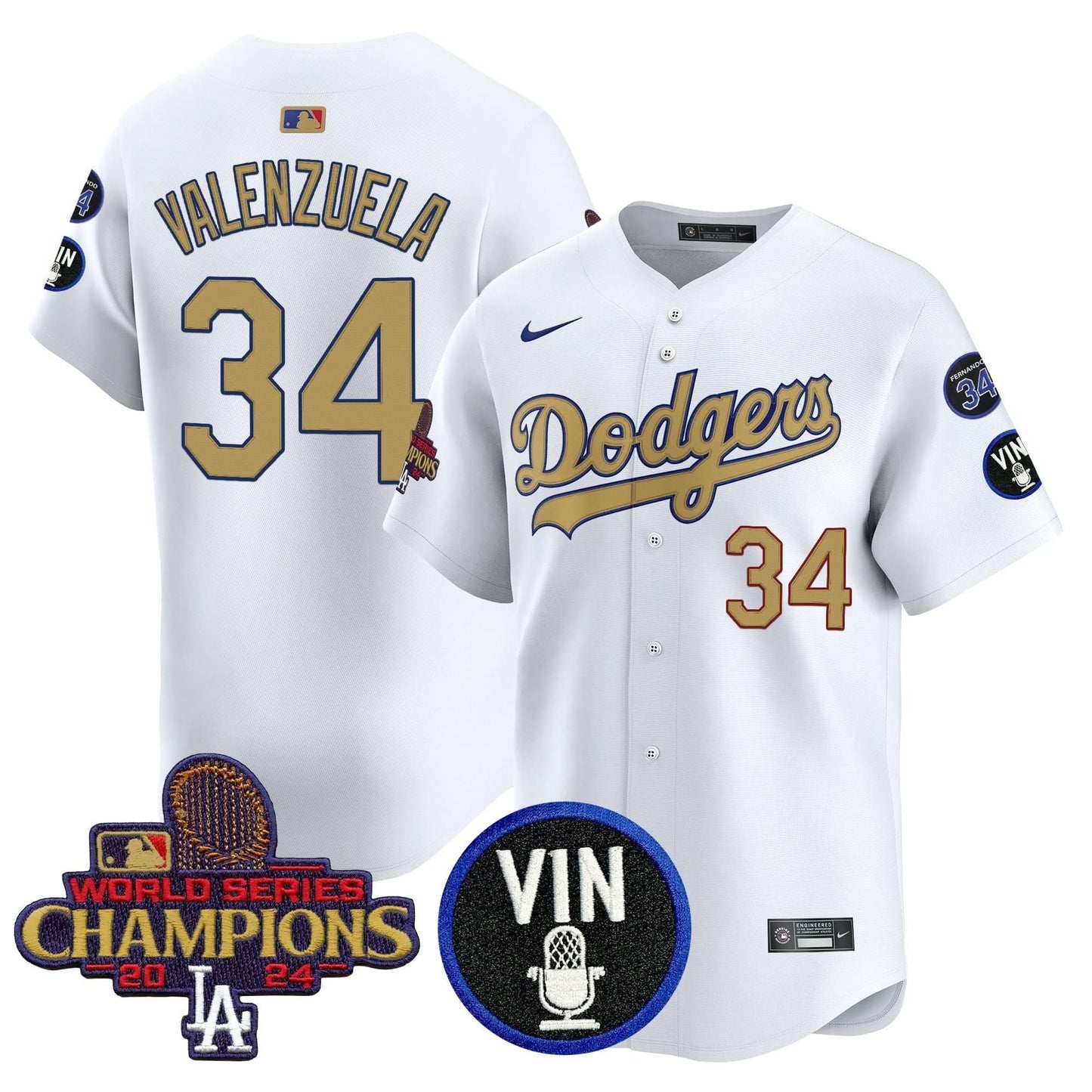 Men's Dodgers 2025 Vin Scully & #34 Fernando Patch Gold Vapor Premier Limited Jersey - All Stitched