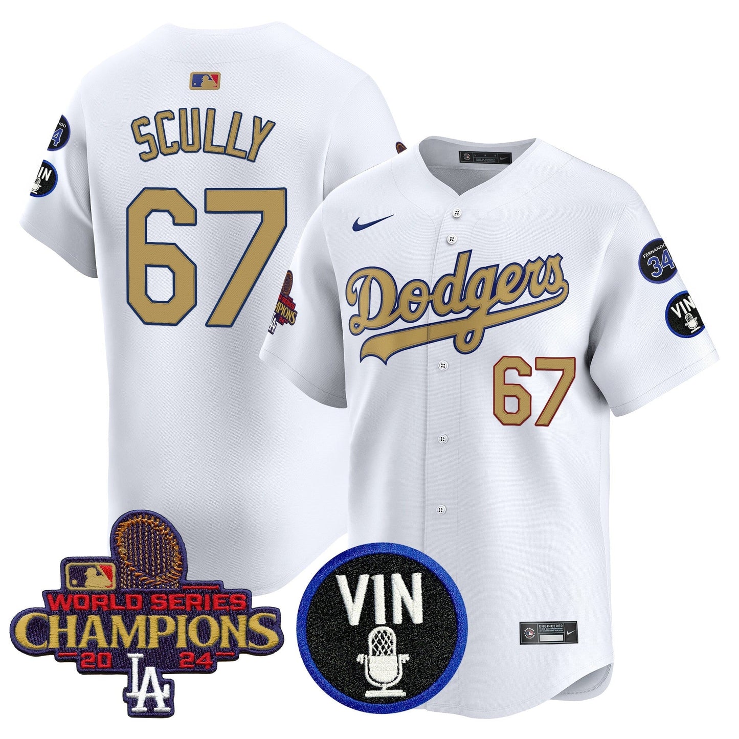 Men's Dodgers 2025 Vin Scully & #34 Fernando Patch Gold Vapor Premier Limited Jersey - All Stitched
