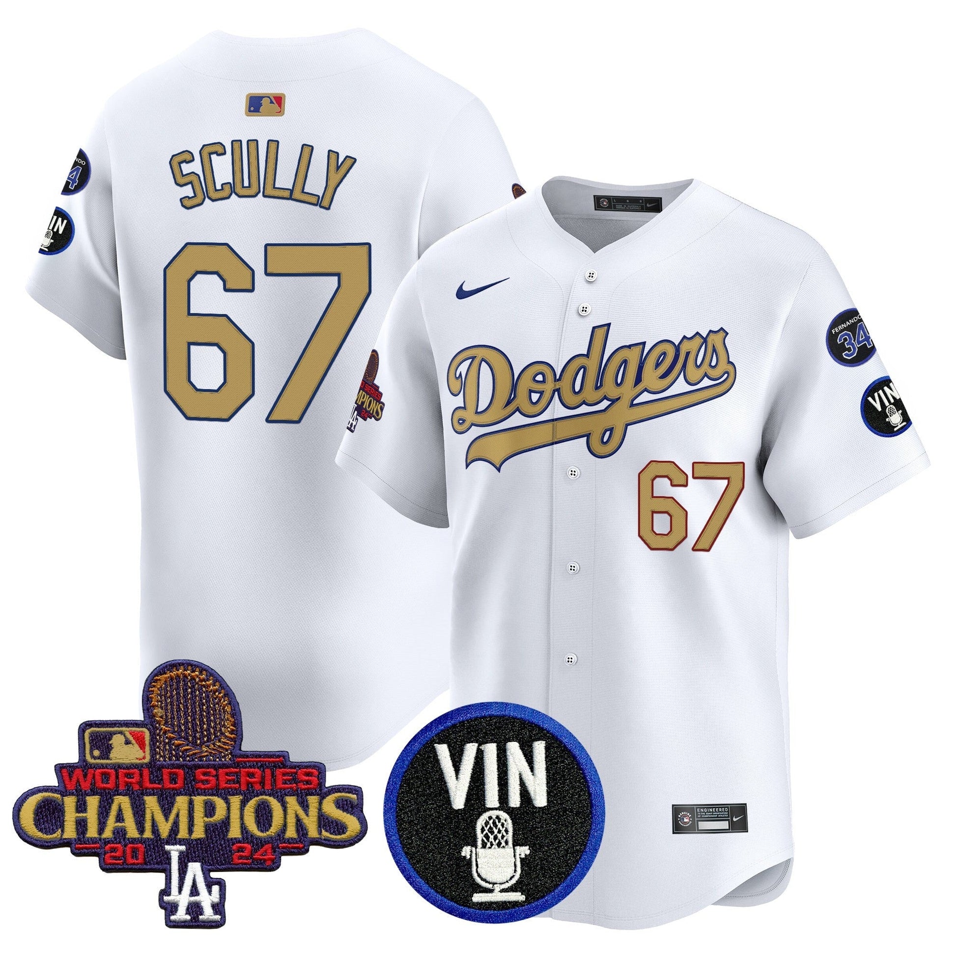 Men's Dodgers 2025 Vin Scully & #34 Fernando Patch Gold Vapor Premier Limited Jersey - All Stitched
