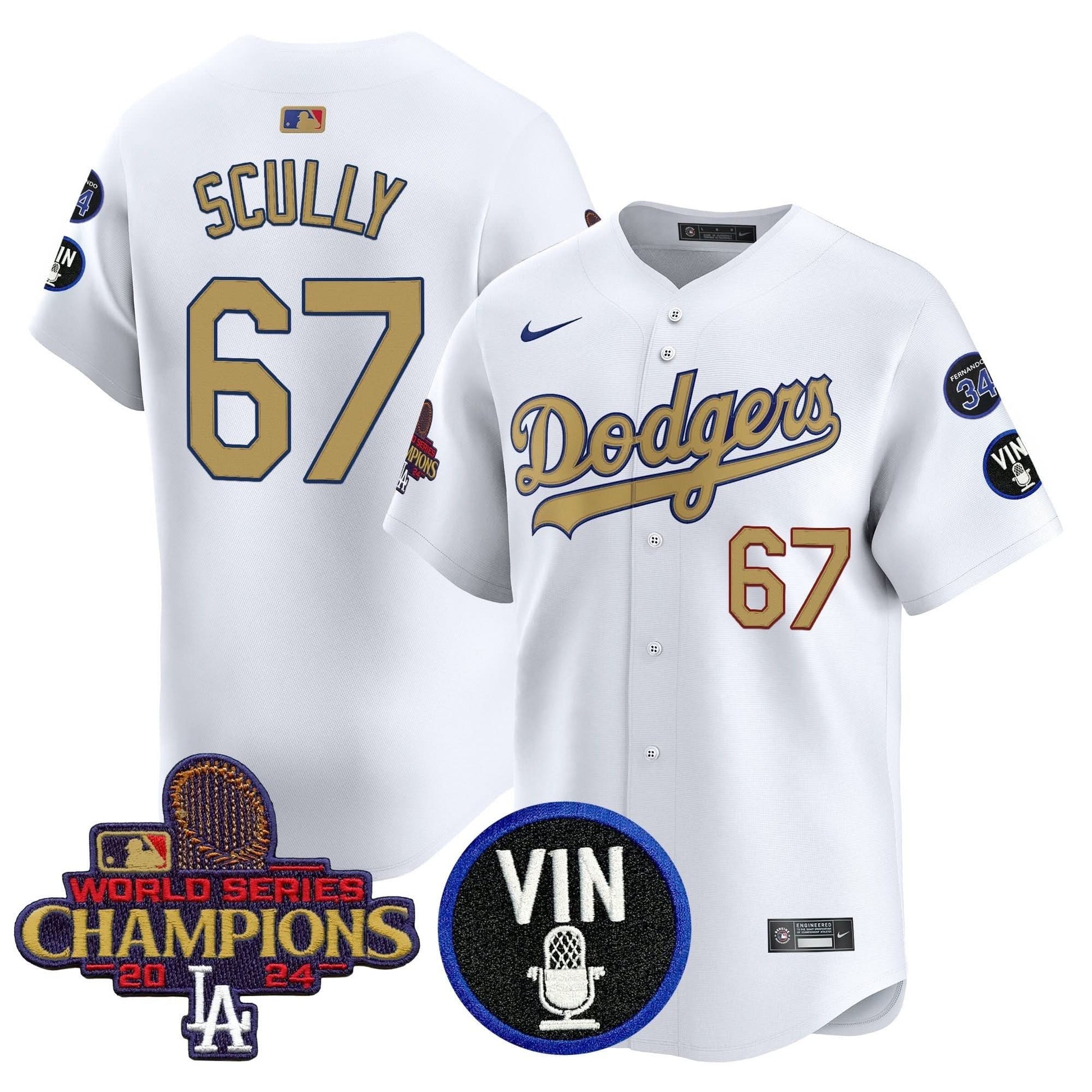 Men's Dodgers 2025 Vin Scully & #34 Fernando Patch Gold Vapor Premier Limited Jersey - All Stitched