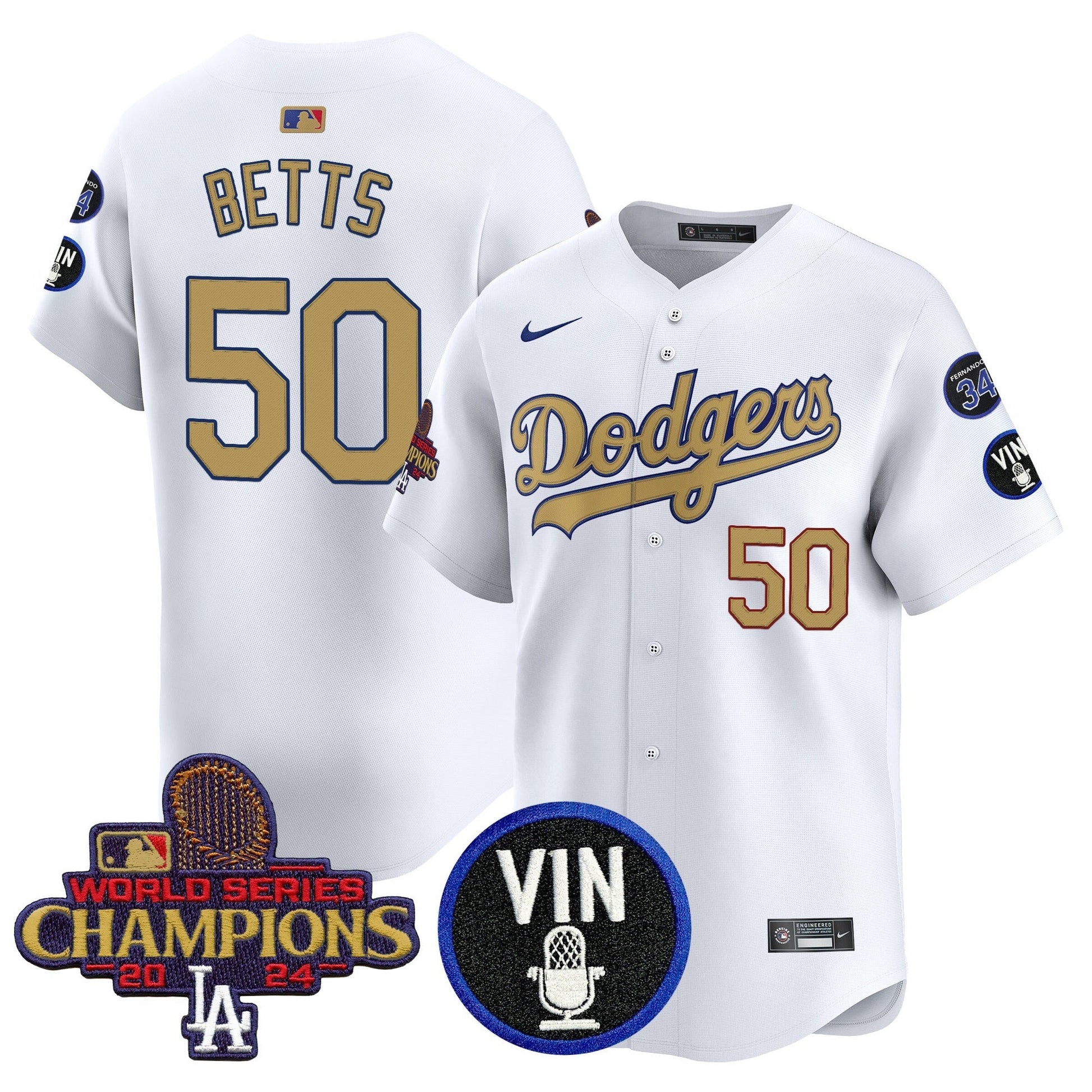 Men's Dodgers 2025 Vin Scully & #34 Fernando Patch Gold Vapor Premier Limited Jersey - All Stitched