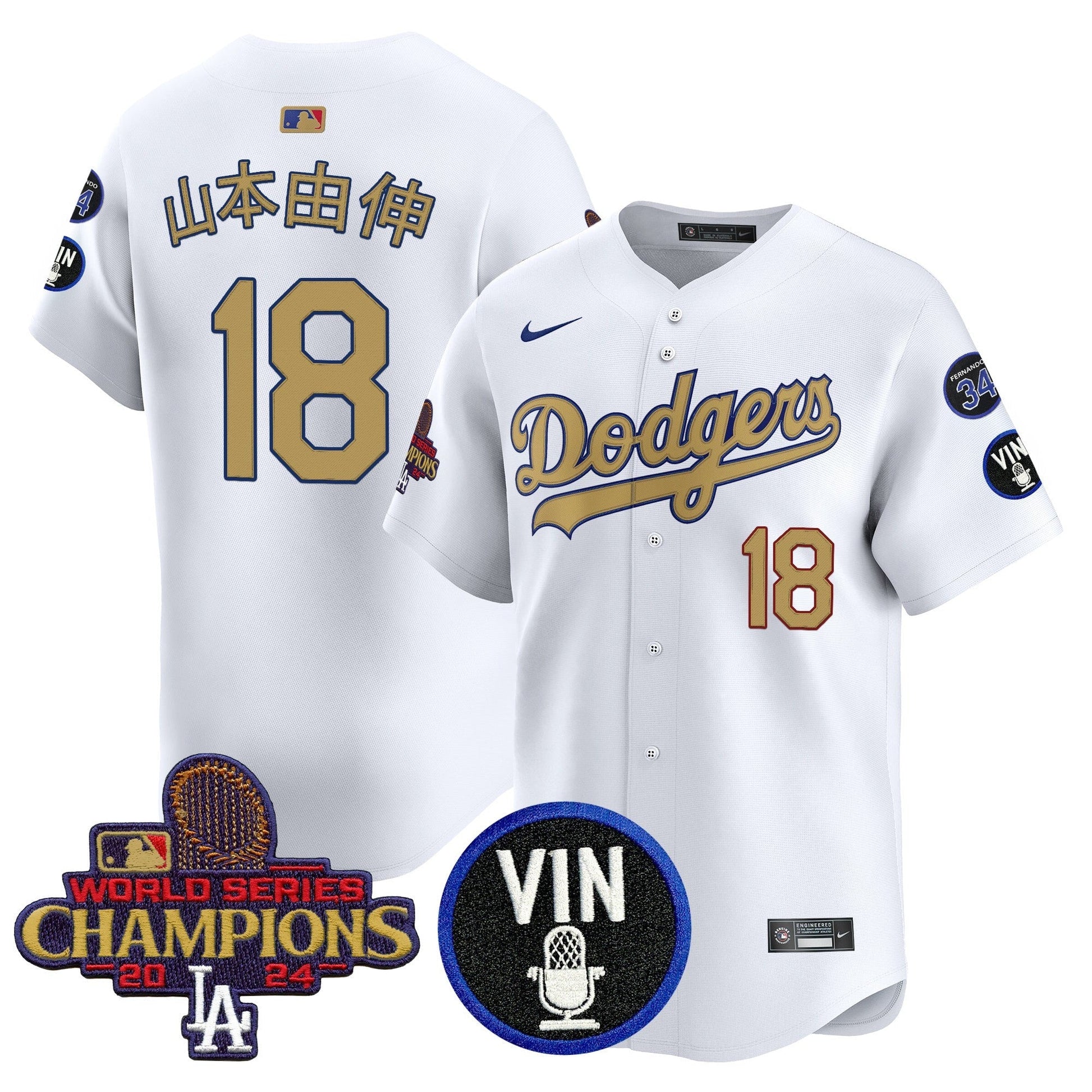 Men's Dodgers 2025 Vin Scully & #34 Fernando Patch Gold Vapor Premier Limited Jersey - All Stitched