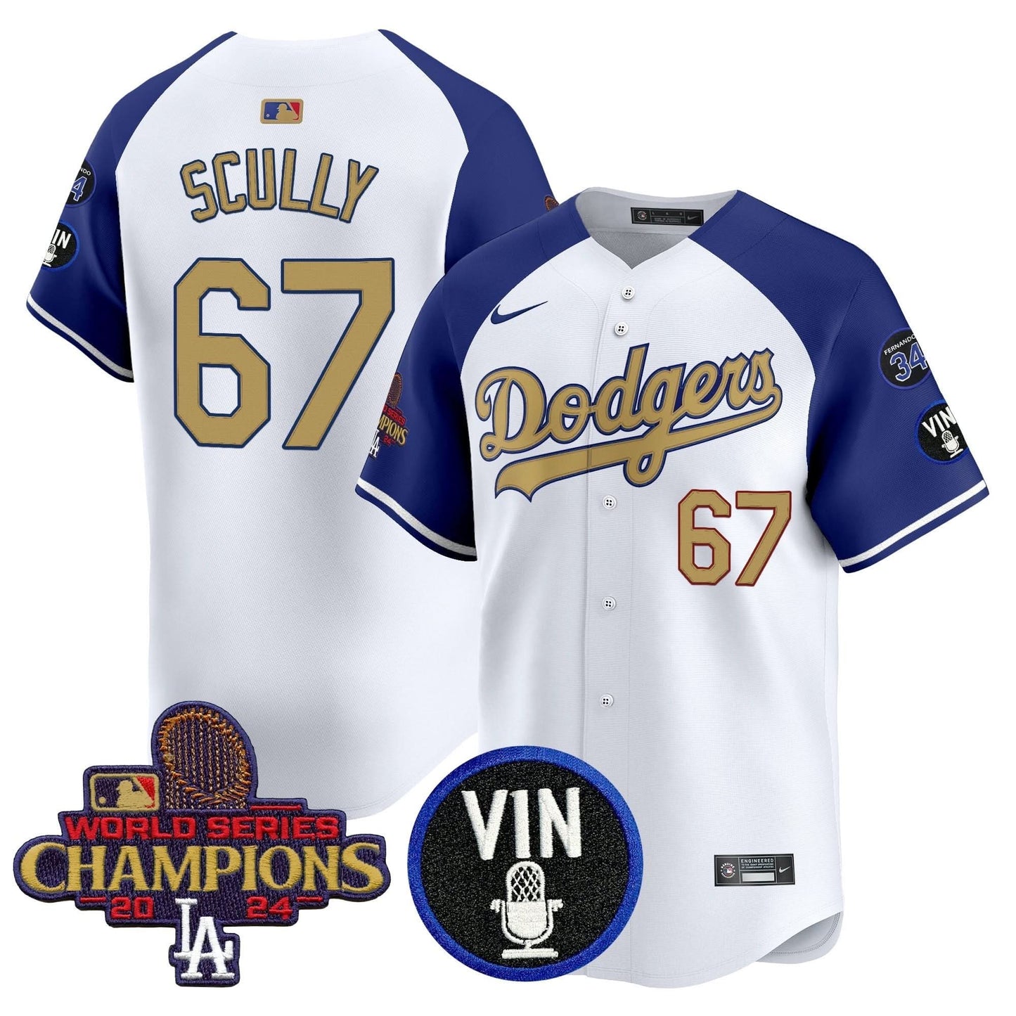 Men's Dodgers 2025 Vin Scully & #34 Fernando Patch Gold Vapor Premier Limited Jersey - All Stitched