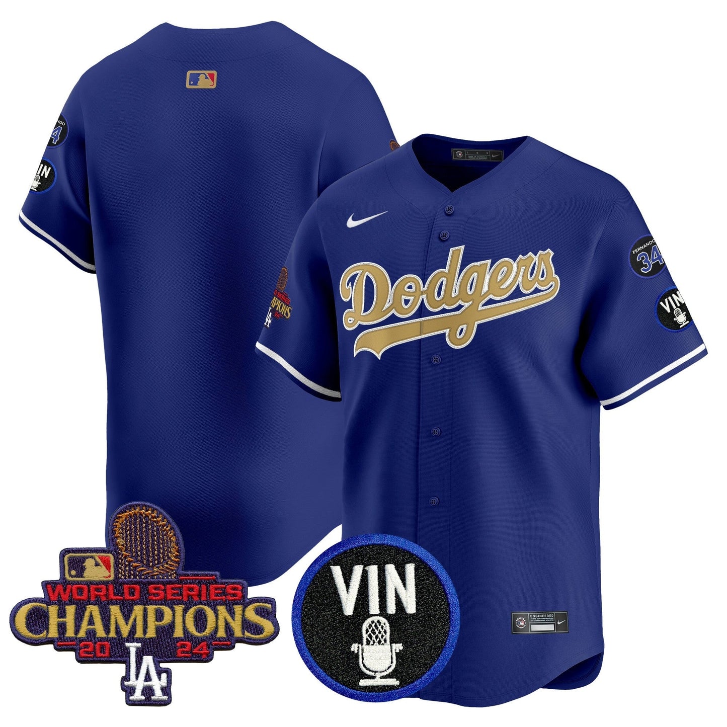 Men's Dodgers 2025 Vin Scully & #34 Fernando Patch Gold Vapor Premier Limited Jersey - All Stitched