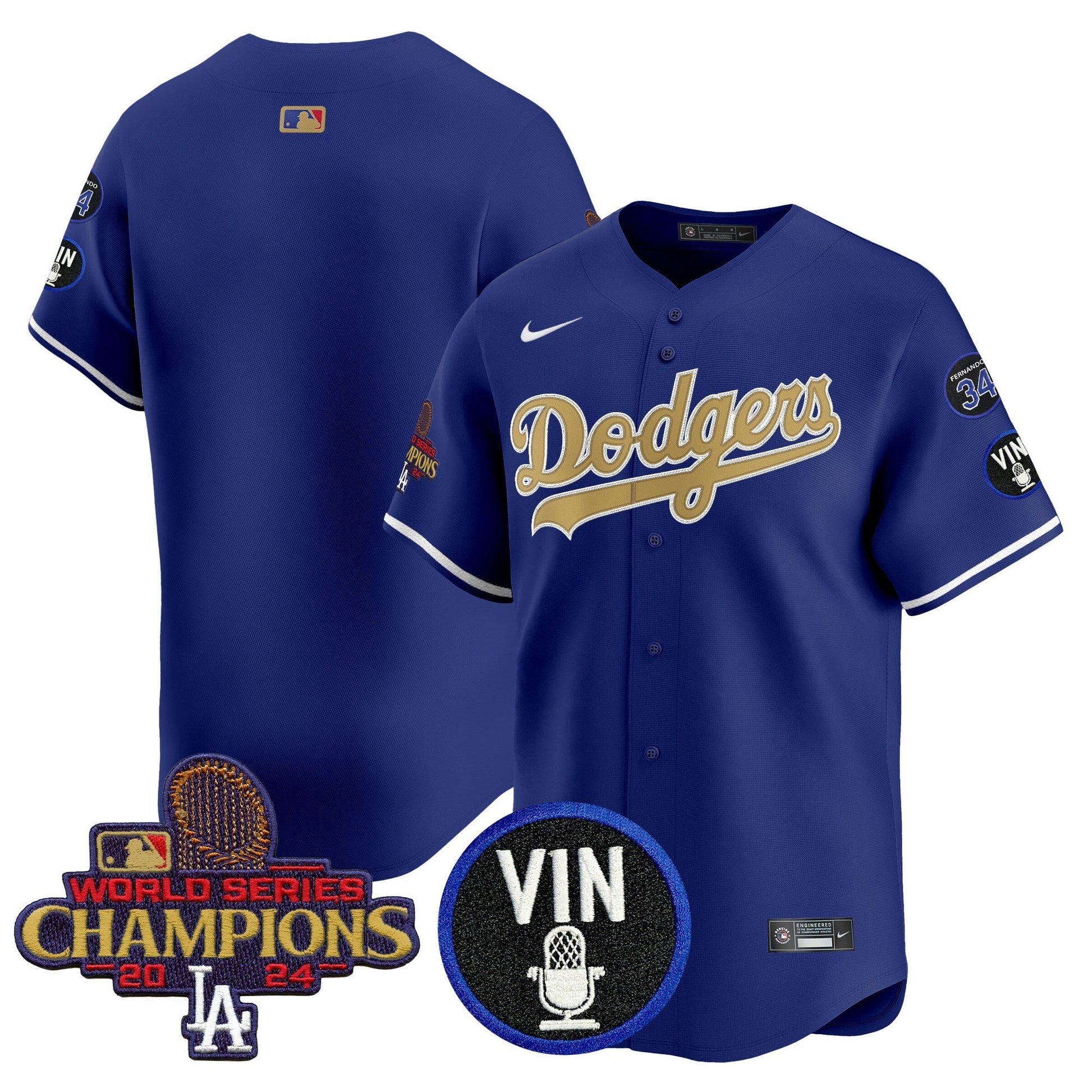 Men's Dodgers 2025 Vin Scully & #34 Fernando Patch Gold Vapor Premier Limited Jersey - All Stitched