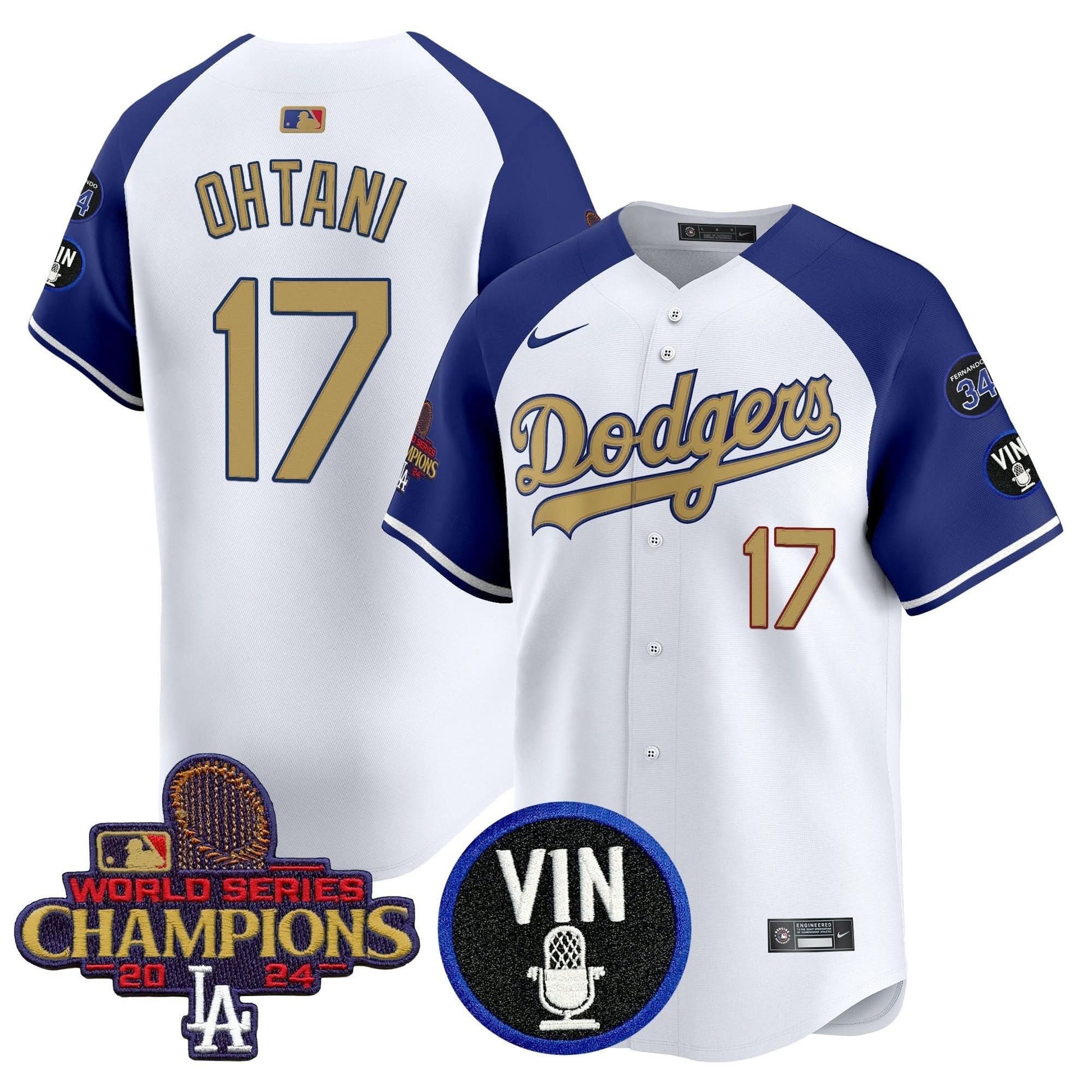 Men's Dodgers 2025 Vin Scully & #34 Fernando Patch Gold Vapor Premier Limited Jersey - All Stitched