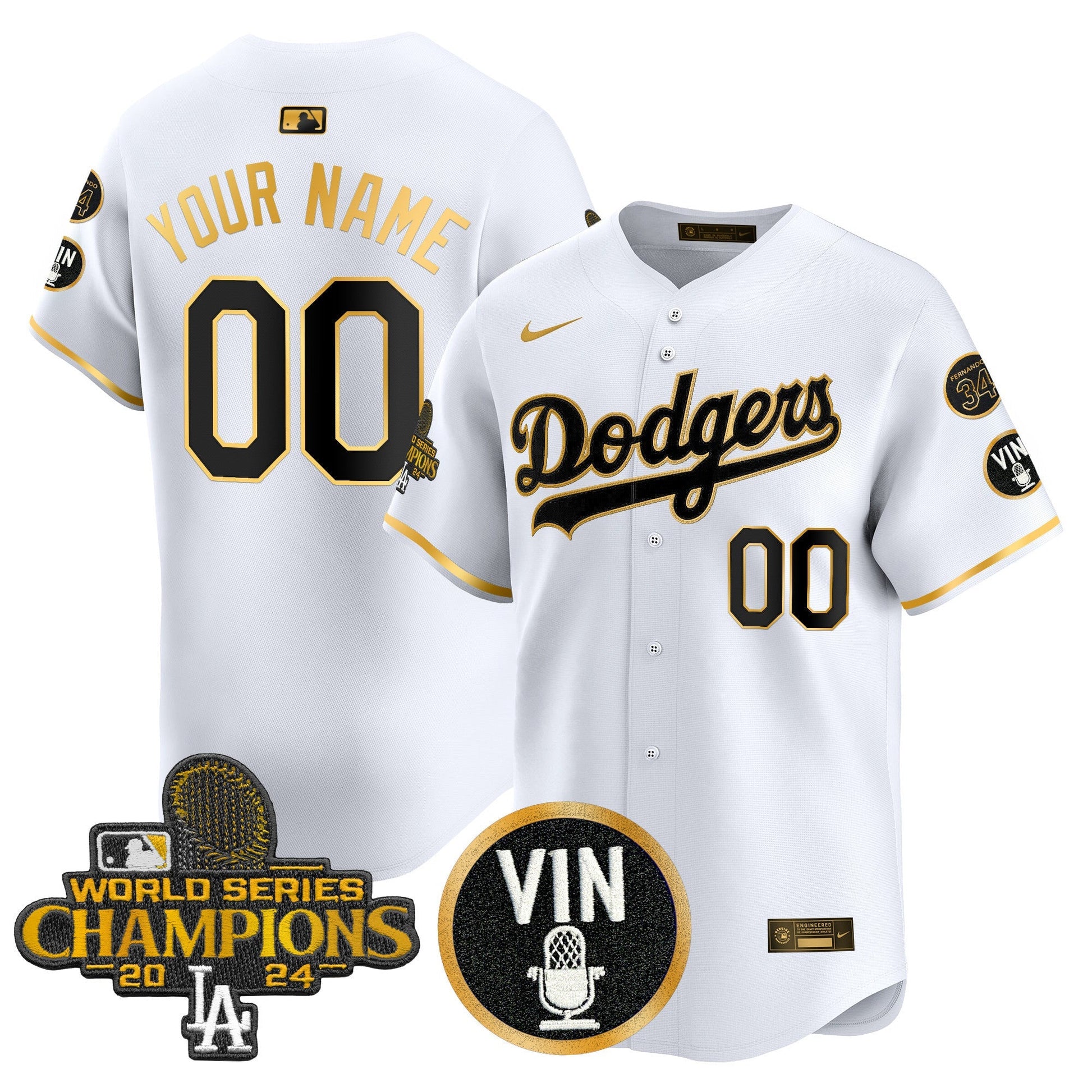 Dodgers 2025 Vin Scully & #34 Fernando Patch Gold Vapor Premier Limited Custom Jersey - All Stitched
