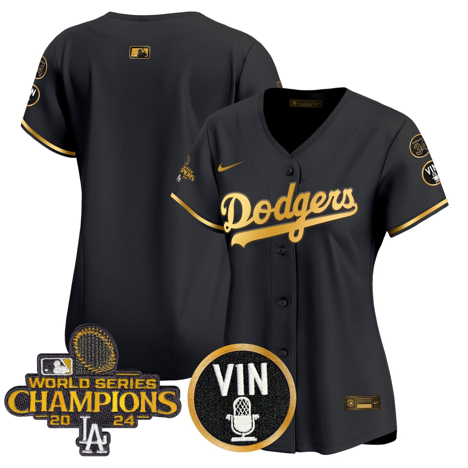 Women's Dodgers 2025 Vin Scully & #34 Fernando Patch Gold Vapor Premier Limited Jersey - All Stitched