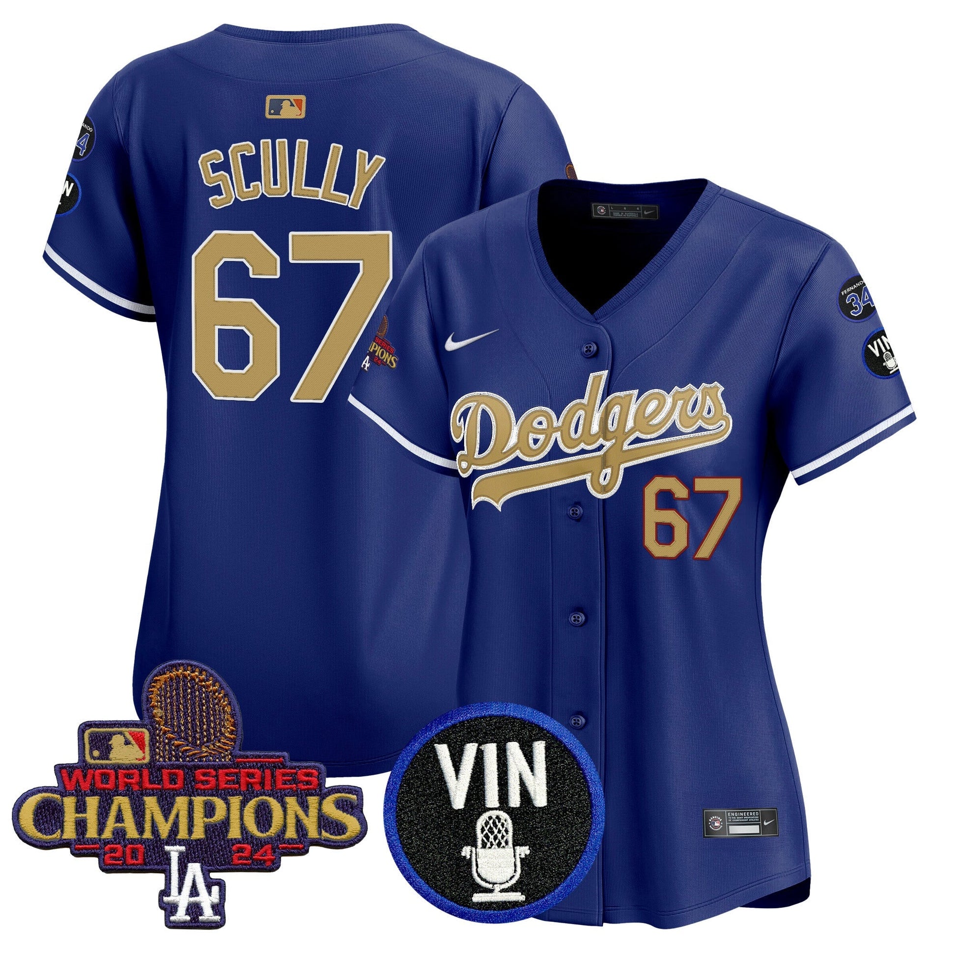 Women's Dodgers 2025 Vin Scully & #34 Fernando Patch Gold Vapor Premier Limited Jersey - All Stitched