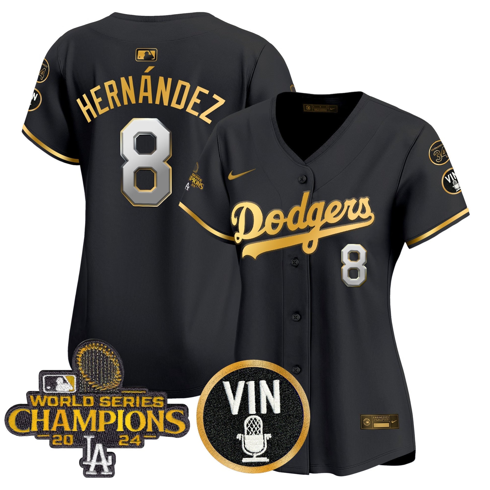 Women's Dodgers 2025 Vin Scully & #34 Fernando Patch Gold Vapor Premier Limited Jersey - All Stitched