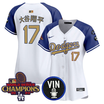Women's Dodgers 2025 Vin Scully & #34 Fernando Patch Gold Vapor Premier Limited Jersey - All Stitched