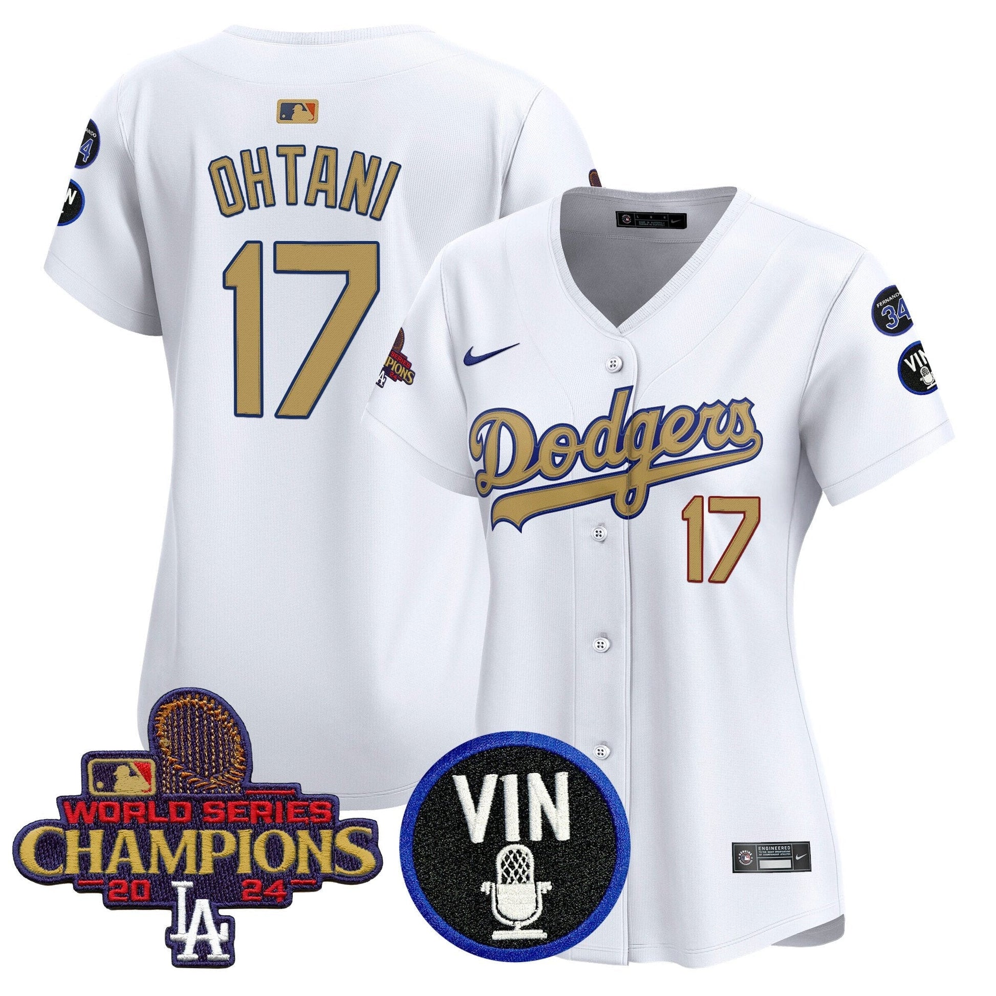 Women's Dodgers 2025 Vin Scully & #34 Fernando Patch Gold Vapor Premier Limited Jersey - All Stitched
