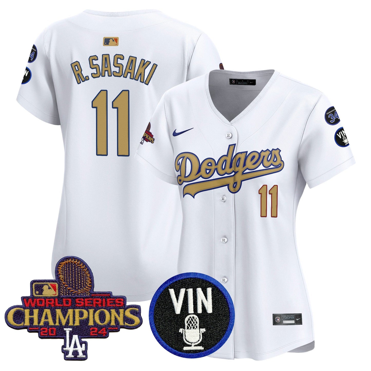 Women's Dodgers 2025 Vin Scully & #34 Fernando Patch Gold Vapor Premier Limited Jersey - All Stitched