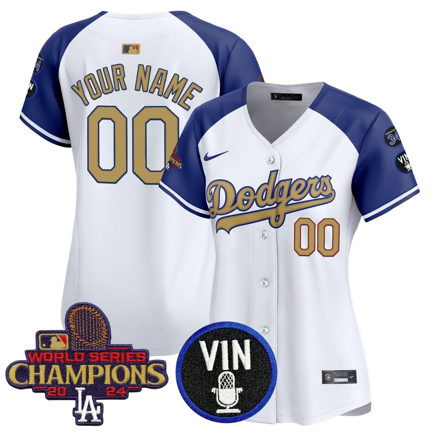 Dodgers 2025 Vin Scully & #34 Fernando Patch Gold Vapor Premier Limited Custom Jersey - All Stitched