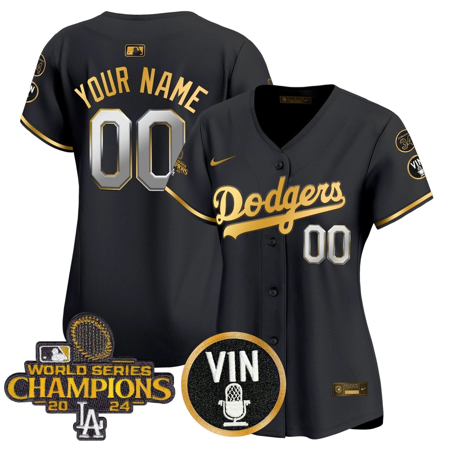 Dodgers 2025 Vin Scully & #34 Fernando Patch Gold Vapor Premier Limited Custom Jersey - All Stitched