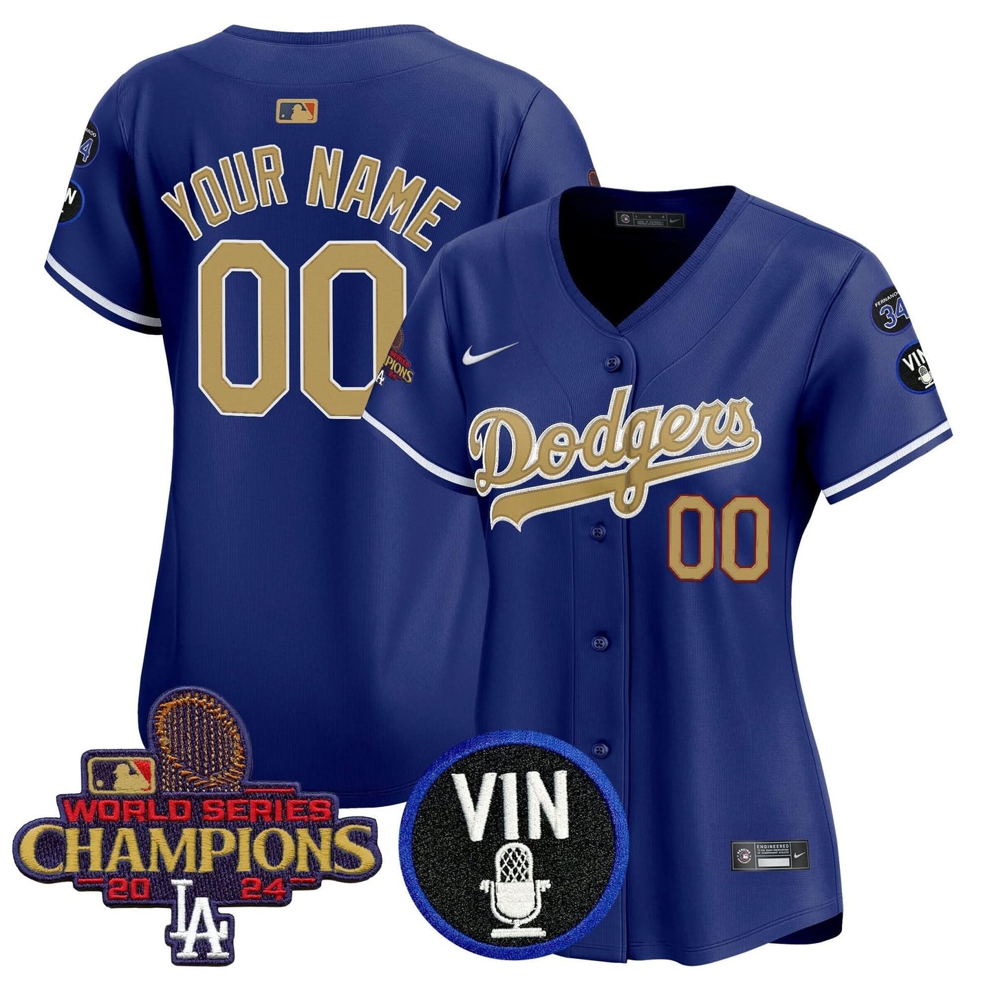 Dodgers 2025 Vin Scully & #34 Fernando Patch Gold Vapor Premier Limited Custom Jersey - All Stitched