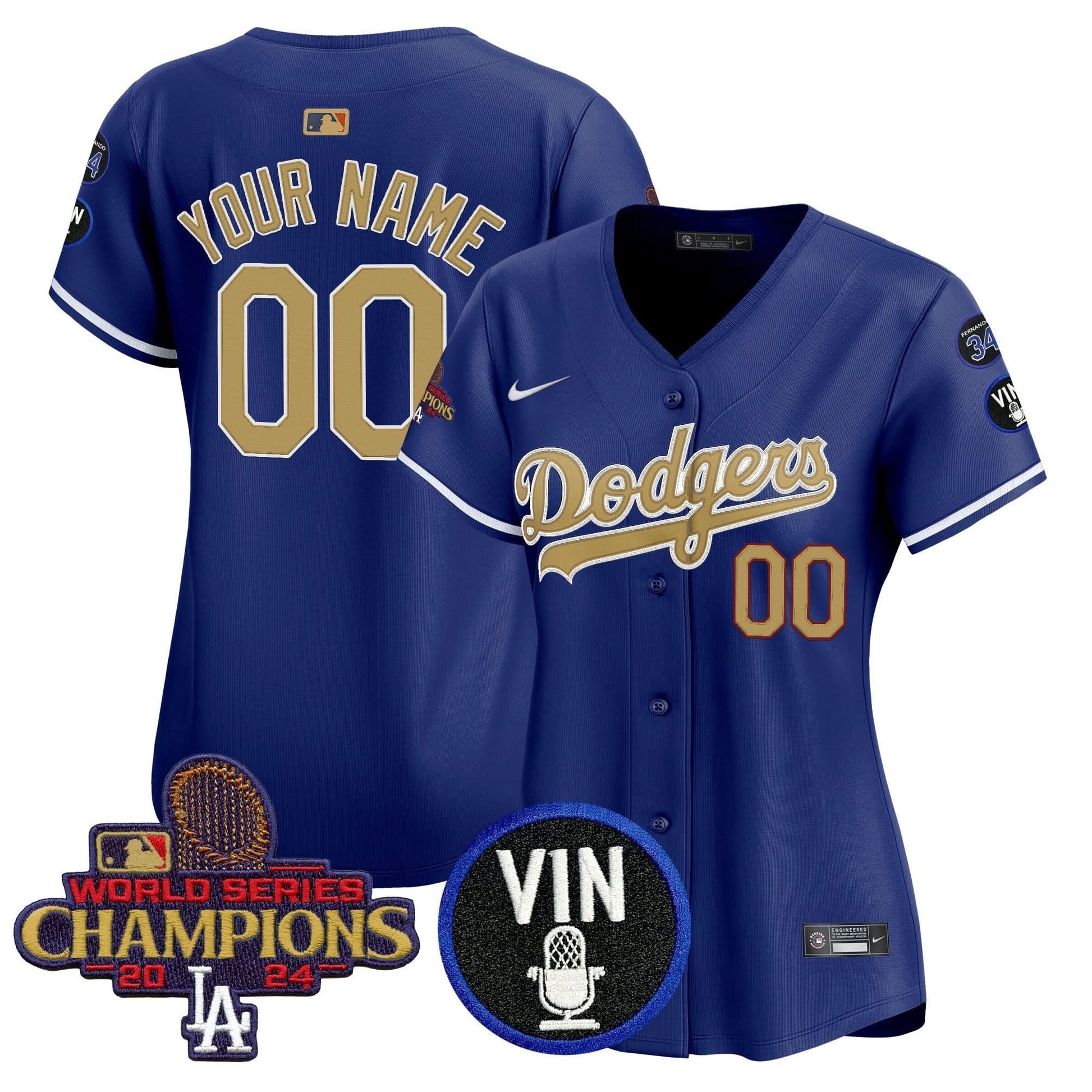 Dodgers 2025 Vin Scully & #34 Fernando Patch Gold Vapor Premier Limited Custom Jersey - All Stitched