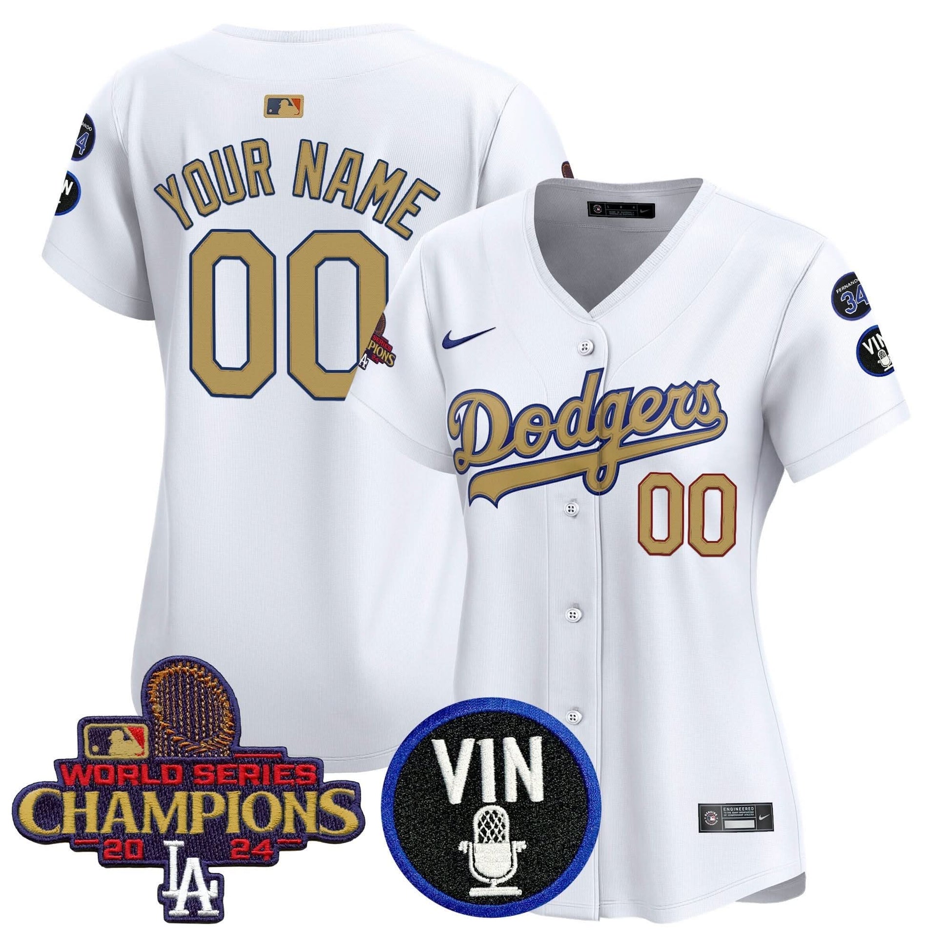 Dodgers 2025 Vin Scully & #34 Fernando Patch Gold Vapor Premier Limited Custom Jersey - All Stitched