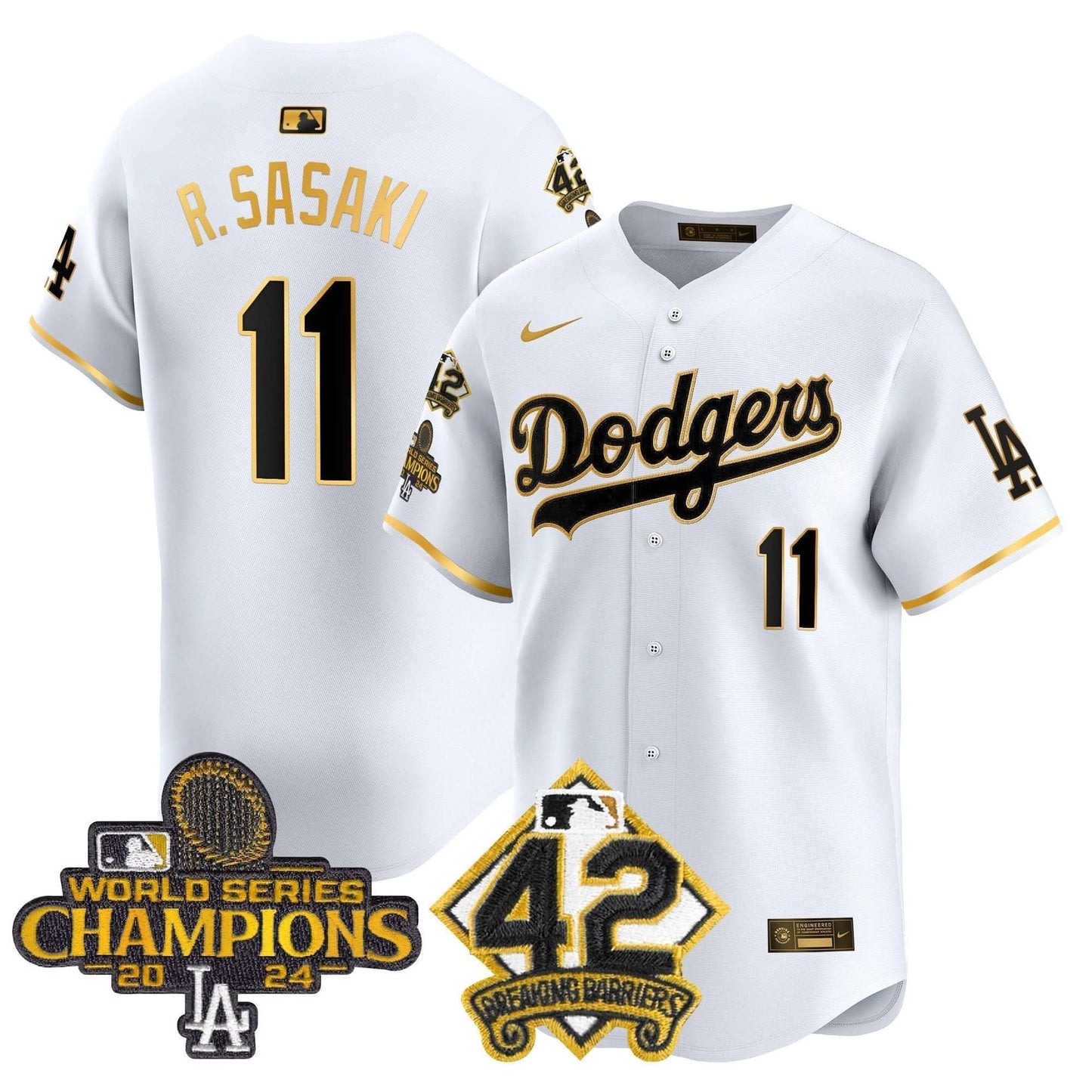 Men's Dodgers 2024 World Series Champions & Jackie Robinson Patch Vapor Premier Limited Jersey - All Stitched