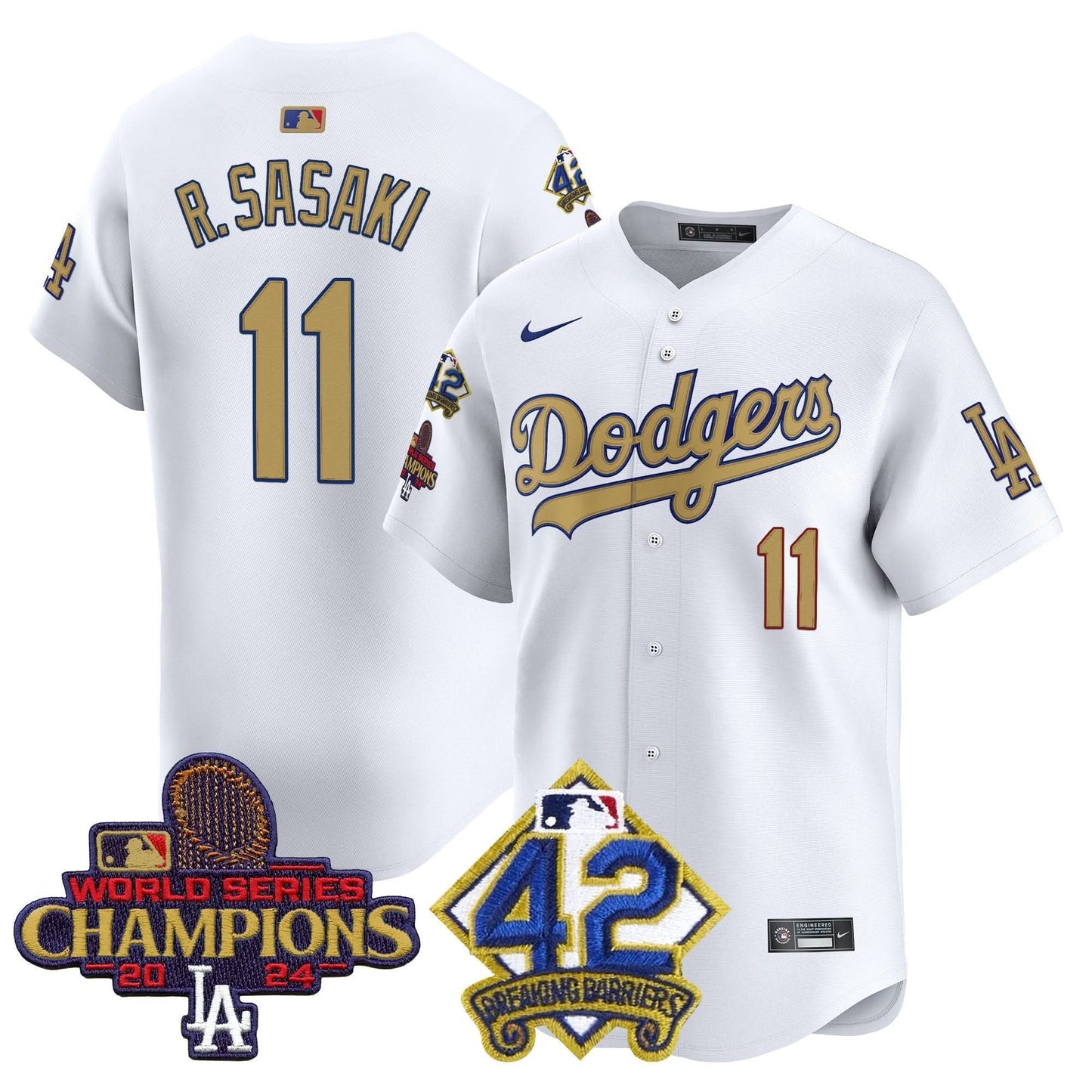 Men's Dodgers 2024 World Series Champions & Jackie Robinson Patch Vapor Premier Limited Jersey - All Stitched