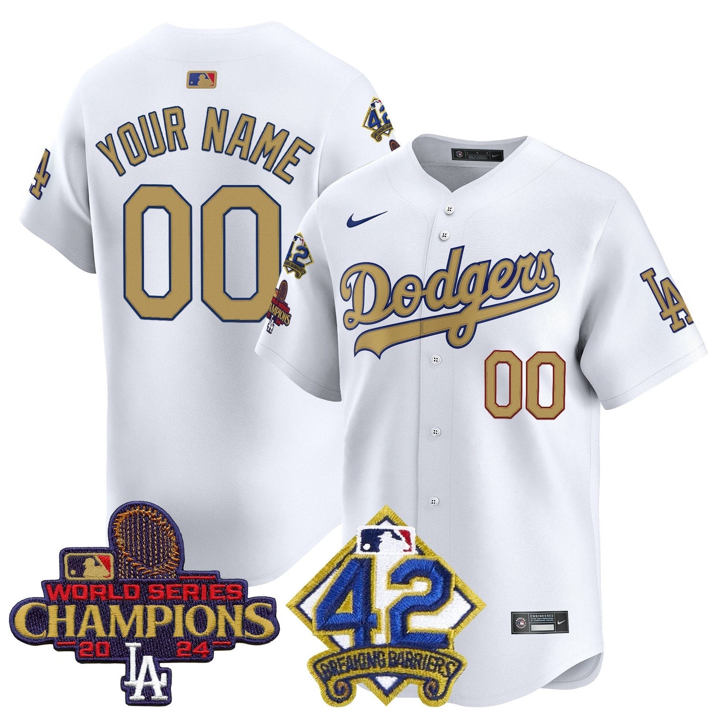 Dodgers 2024 World Series Champions & Jackie Robinson Patch Vapor Premier Limited Custom Jersey - All Stitched