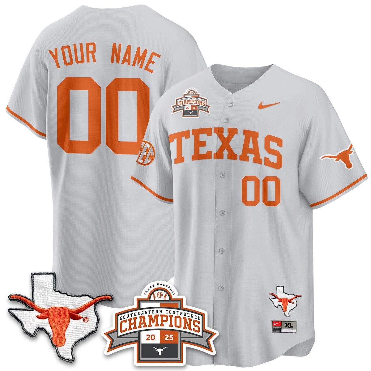 Custom Texas Baseball 2025 Southeastern Conference Champions Jersey - All Stitched