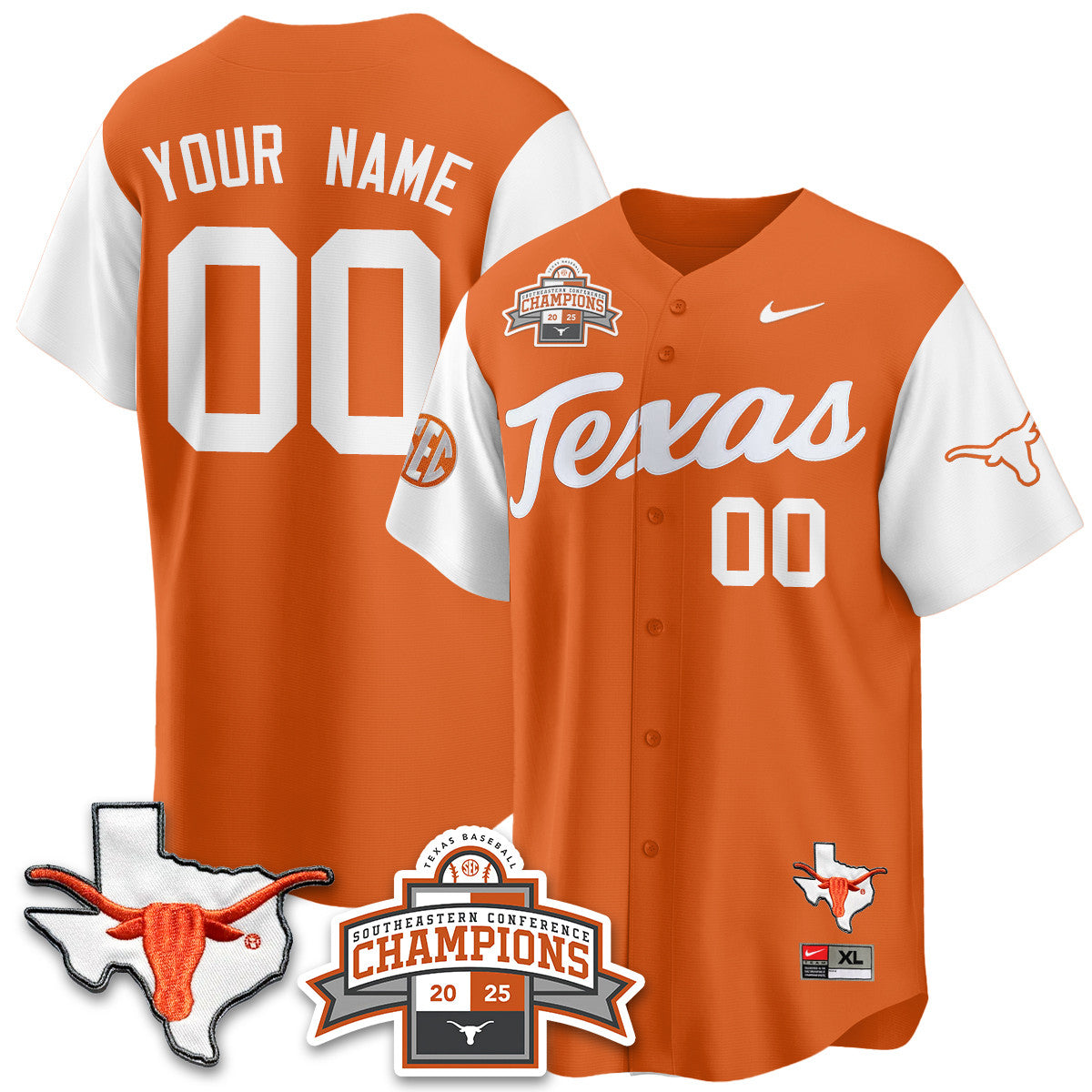 Custom Texas Baseball 2025 Southeastern Conference Champions Jersey - All Stitched