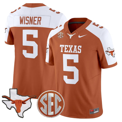Men's Texas Longhorns 2025 State Map & SEC Patch Vapor Limited Jersey - All Stitched