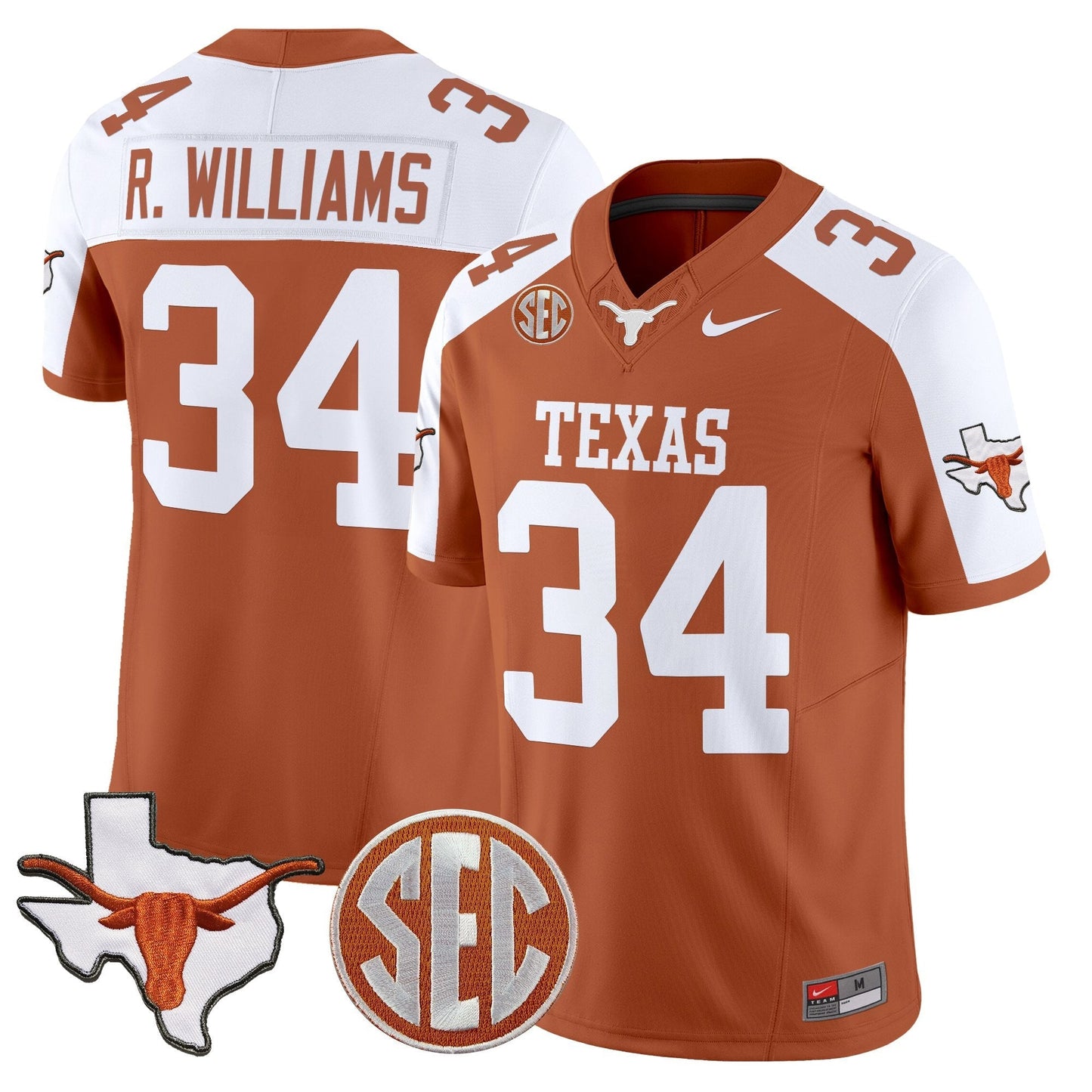 Men's Texas Longhorns 2025 State Map & SEC Patch Vapor Limited Jersey - All Stitched