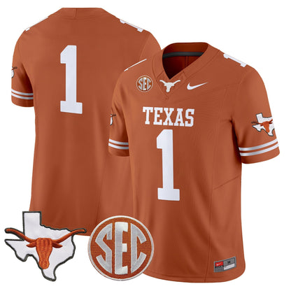 Men's Texas Longhorns 2025 State Map & SEC Patch Vapor Limited Jersey - All Stitched