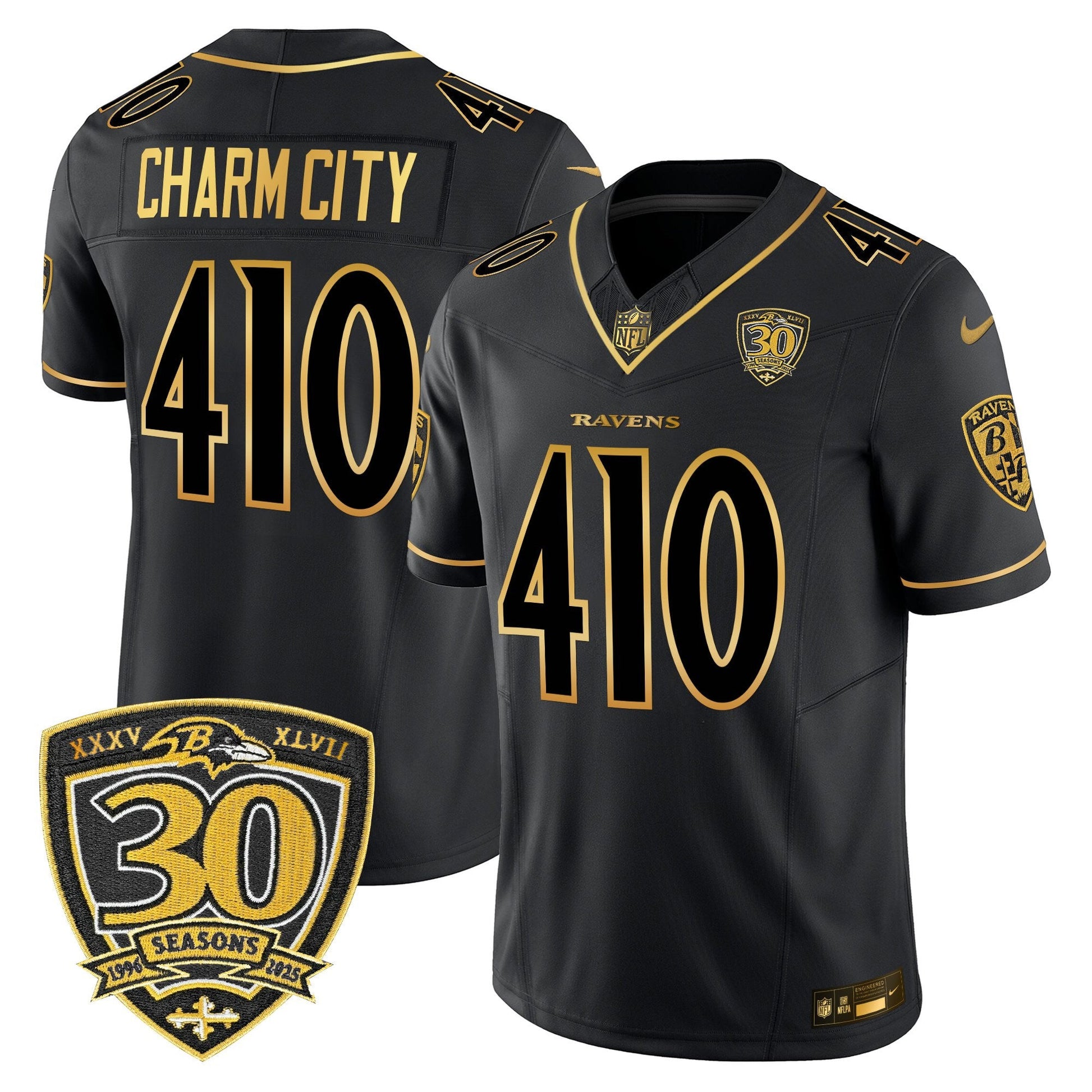 Men's Baltimore Ravens 2025 Gold Vapor Limited Jersey - 30th Anniversary Patch - All Stitched