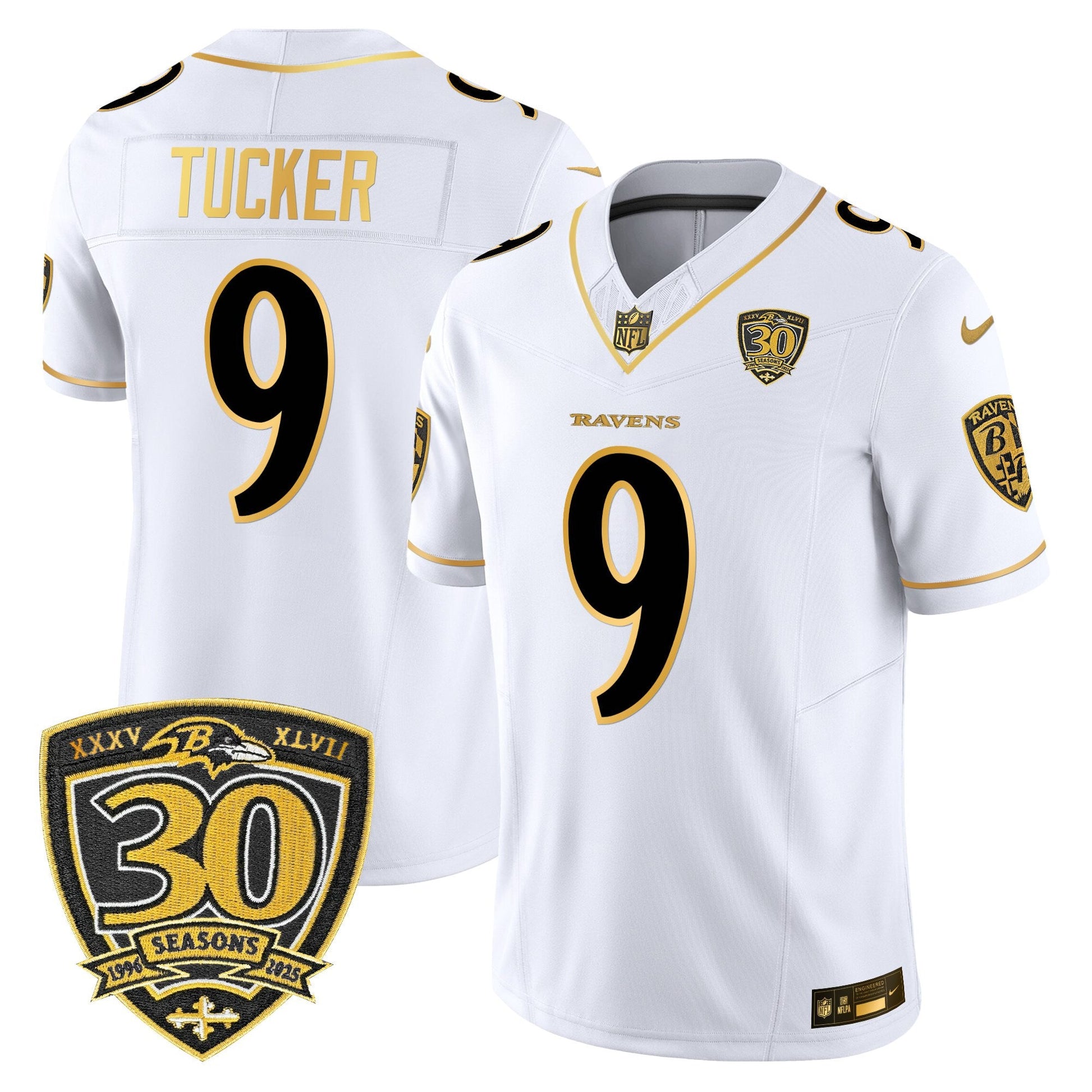 Men's Baltimore Ravens 2025 Gold Vapor Limited Jersey - 30th Anniversary Patch - All Stitched
