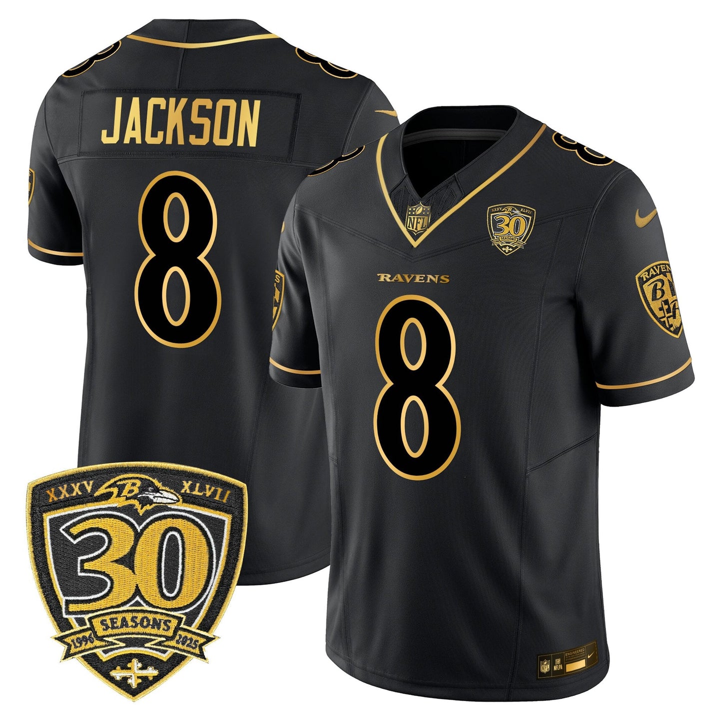 Men's Baltimore Ravens 2025 Gold Vapor Limited Jersey - 30th Anniversary Patch - All Stitched