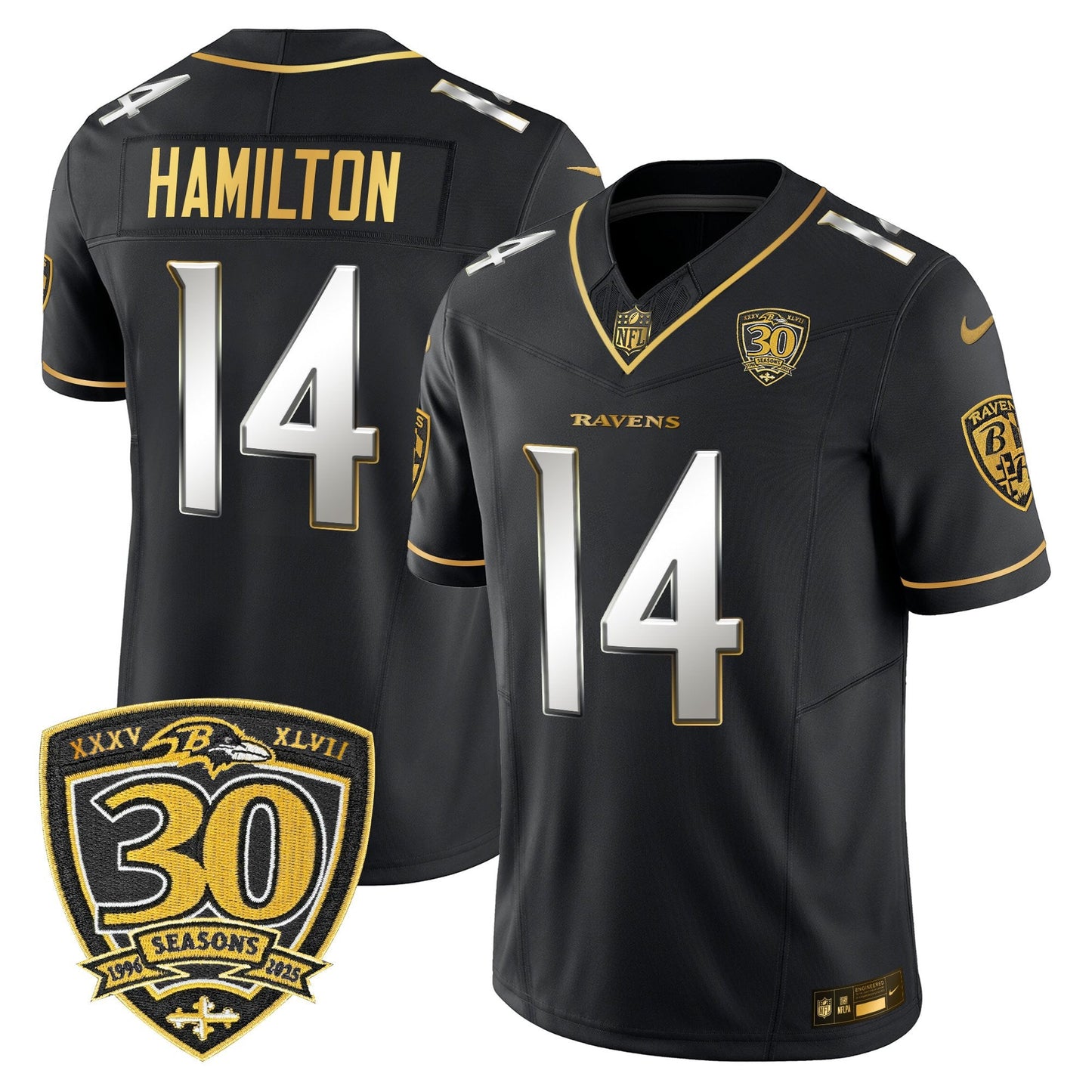Men's Baltimore Ravens 2025 Gold Vapor Limited Jersey - 30th Anniversary Patch - All Stitched