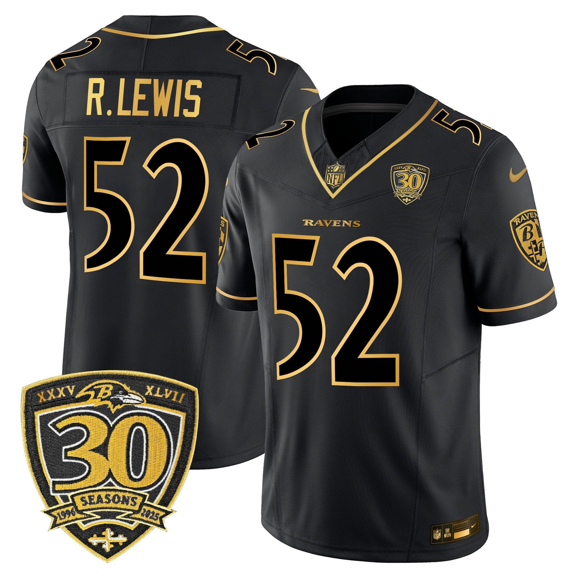 Men's Baltimore Ravens 2025 Gold Vapor Limited Jersey - 30th Anniversary Patch - All Stitched